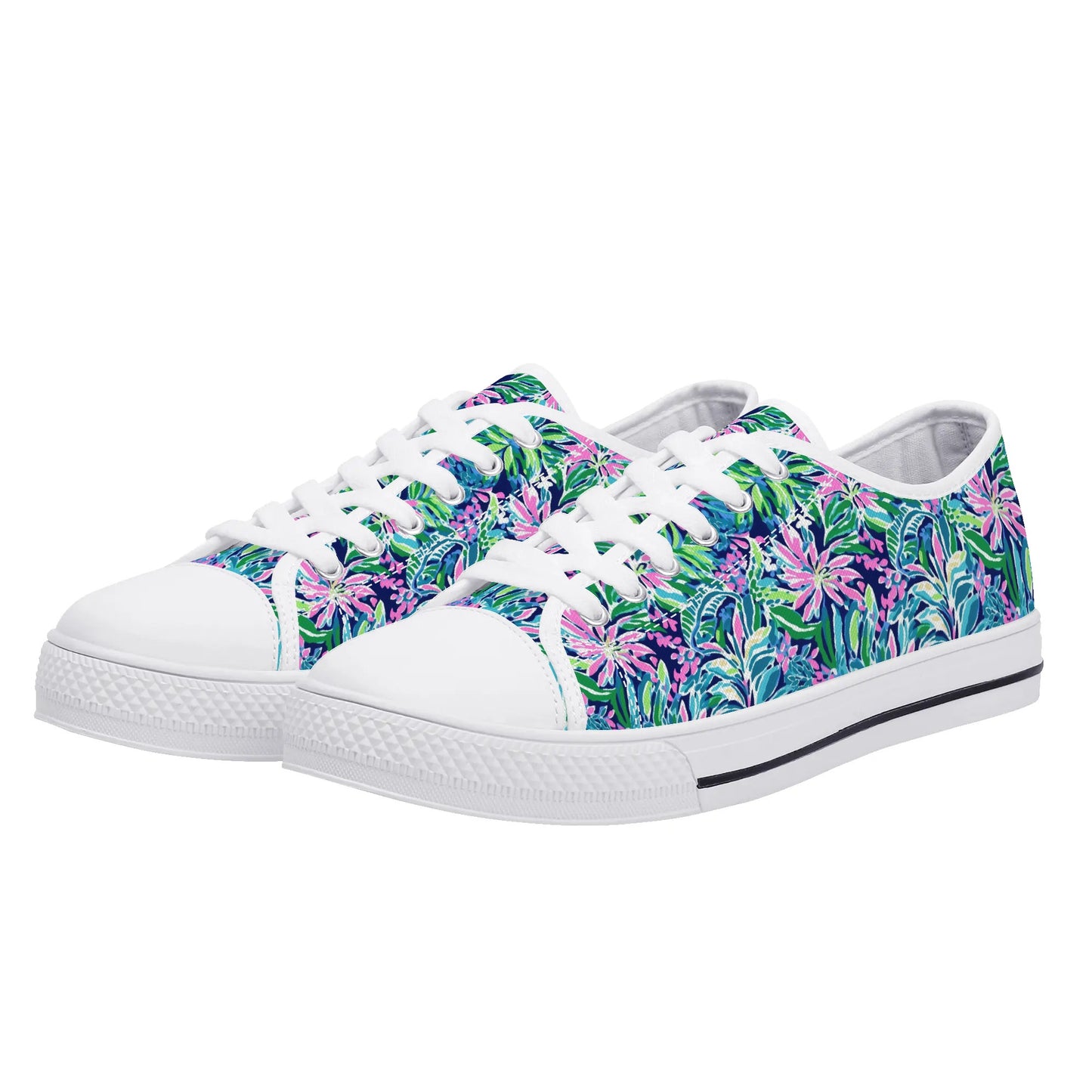 Seaside Blossoms: Coastal Spring Flowers in Pink, Green, and Navy Watercolors Womens Low Top Canvas Sneakers US5.5 - US12