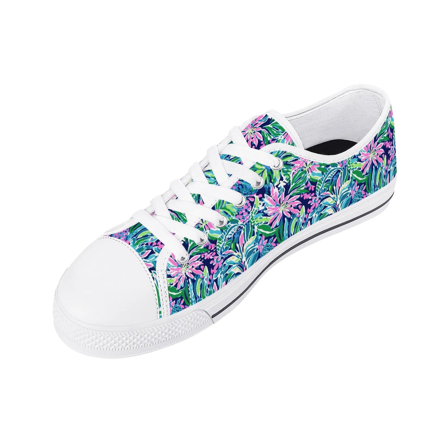 Seaside Blossoms: Coastal Spring Flowers in Pink, Green, and Navy Watercolors Womens Low Top Canvas Sneakers US5.5 - US12