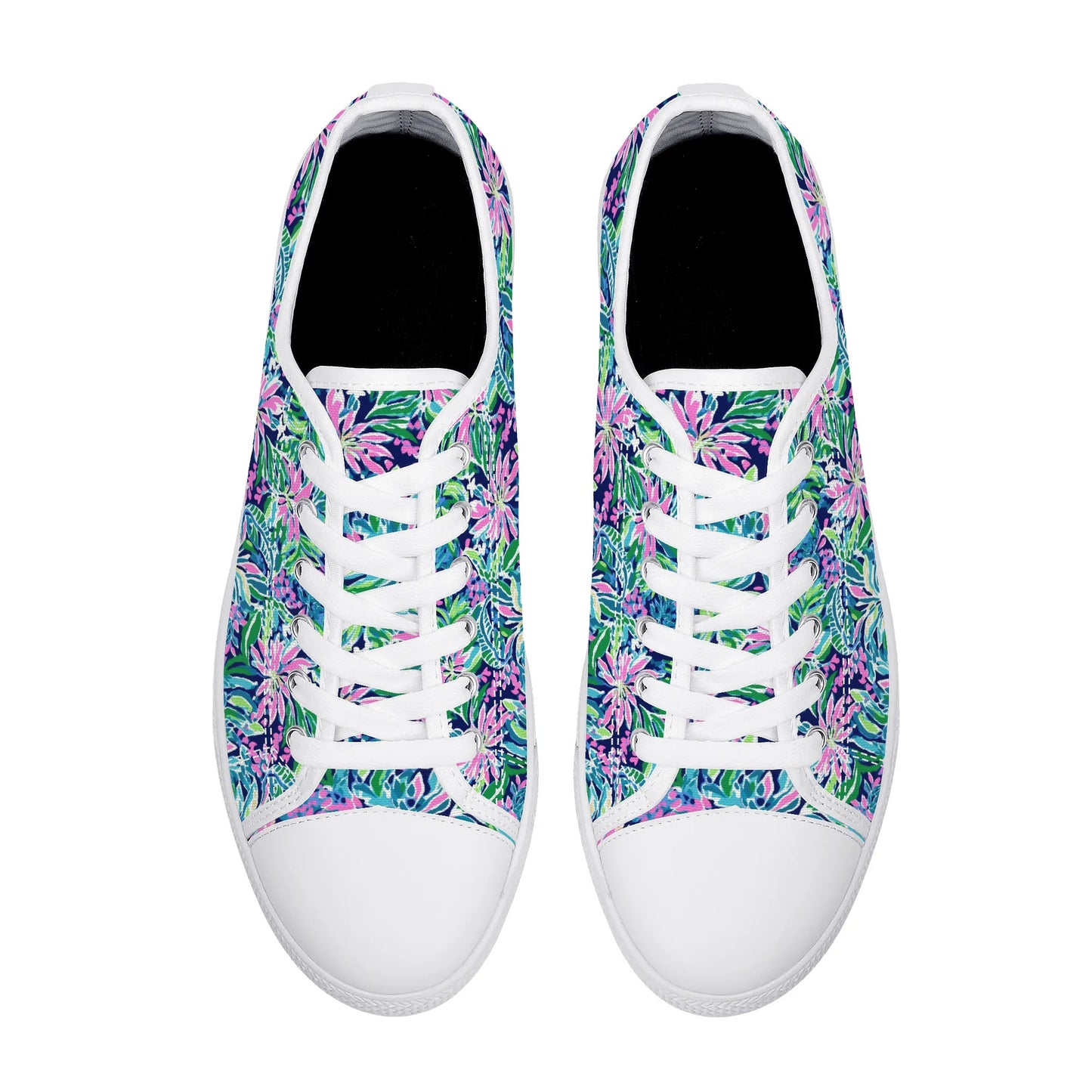 Seaside Blossoms: Coastal Spring Flowers in Pink, Green, and Navy Watercolors Womens Low Top Canvas Sneakers US5.5 - US12