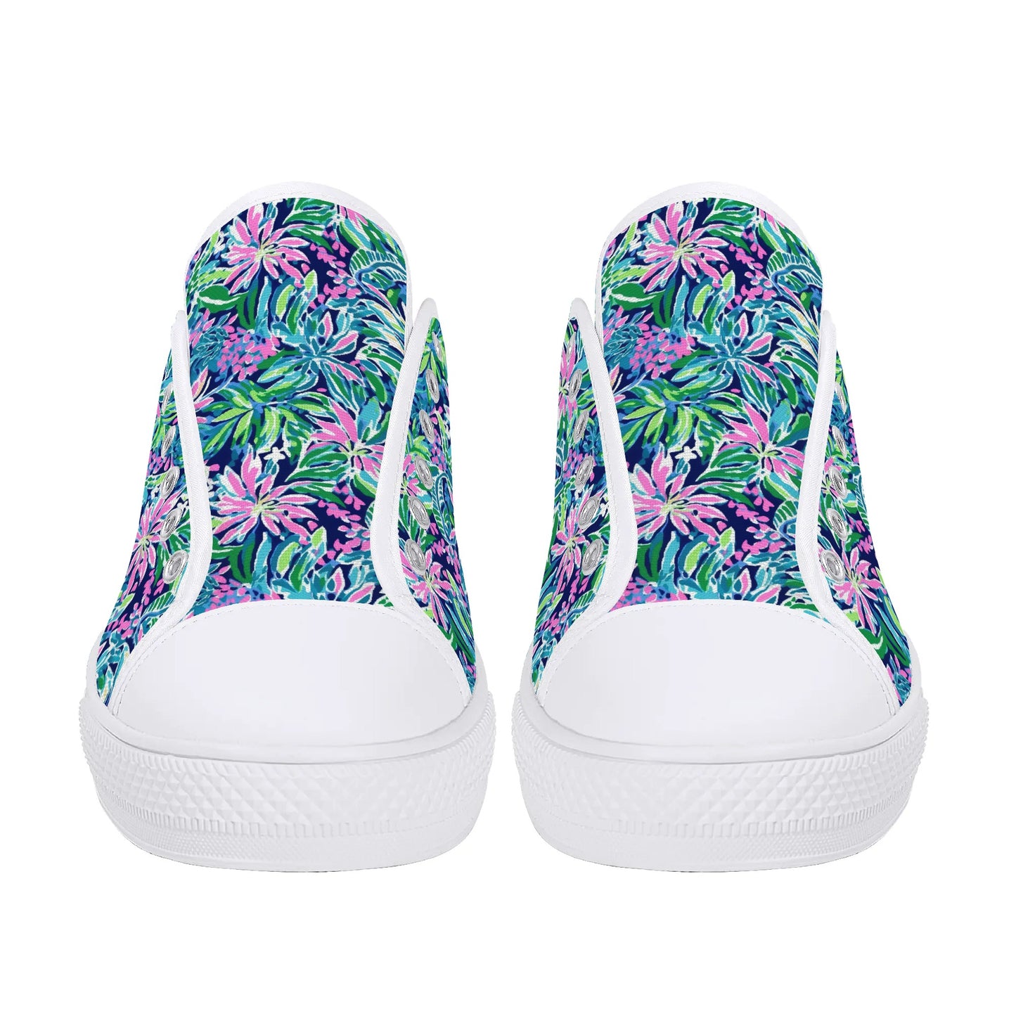 Seaside Blossoms: Coastal Spring Flowers in Pink, Green, and Navy Watercolors Womens Low Top Canvas Sneakers US5.5 - US12