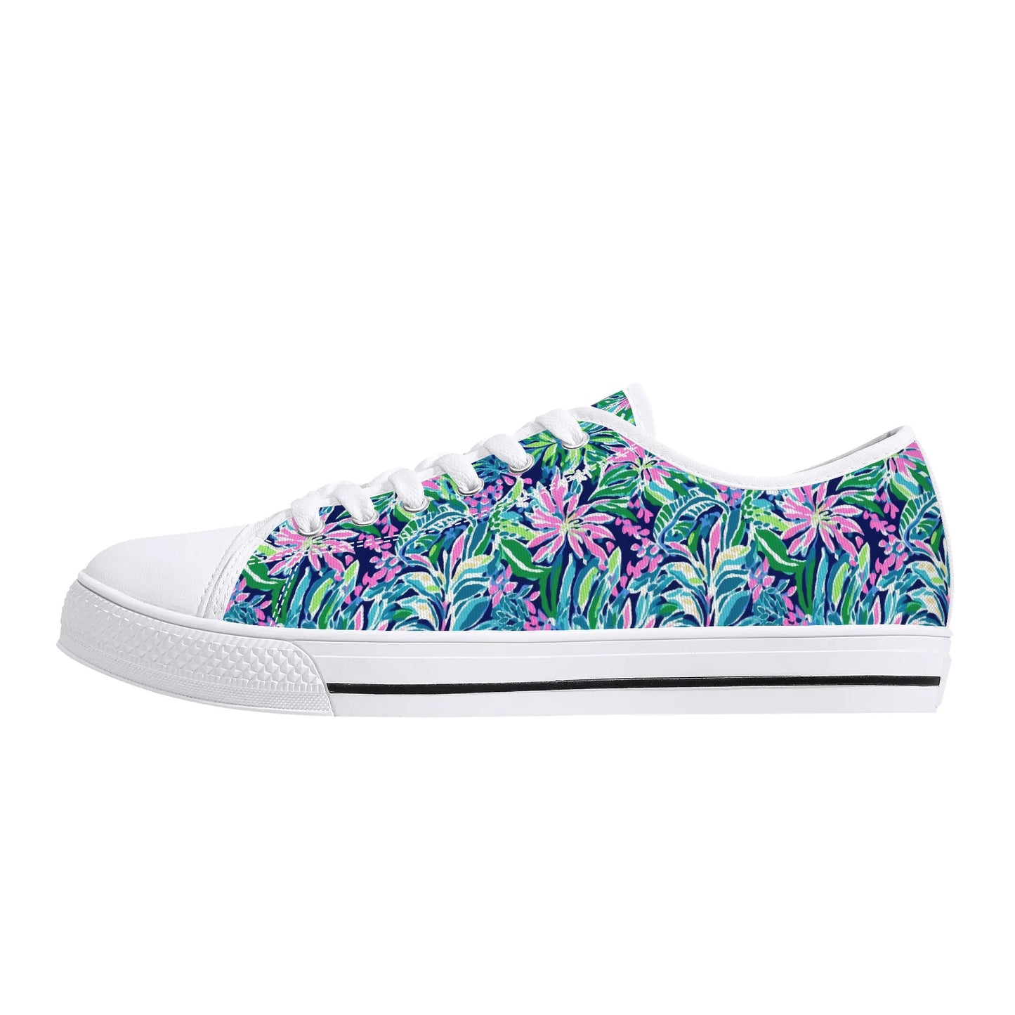 Seaside Blossoms: Coastal Spring Flowers in Pink, Green, and Navy Watercolors Womens Low Top Canvas Sneakers US5.5 - US12