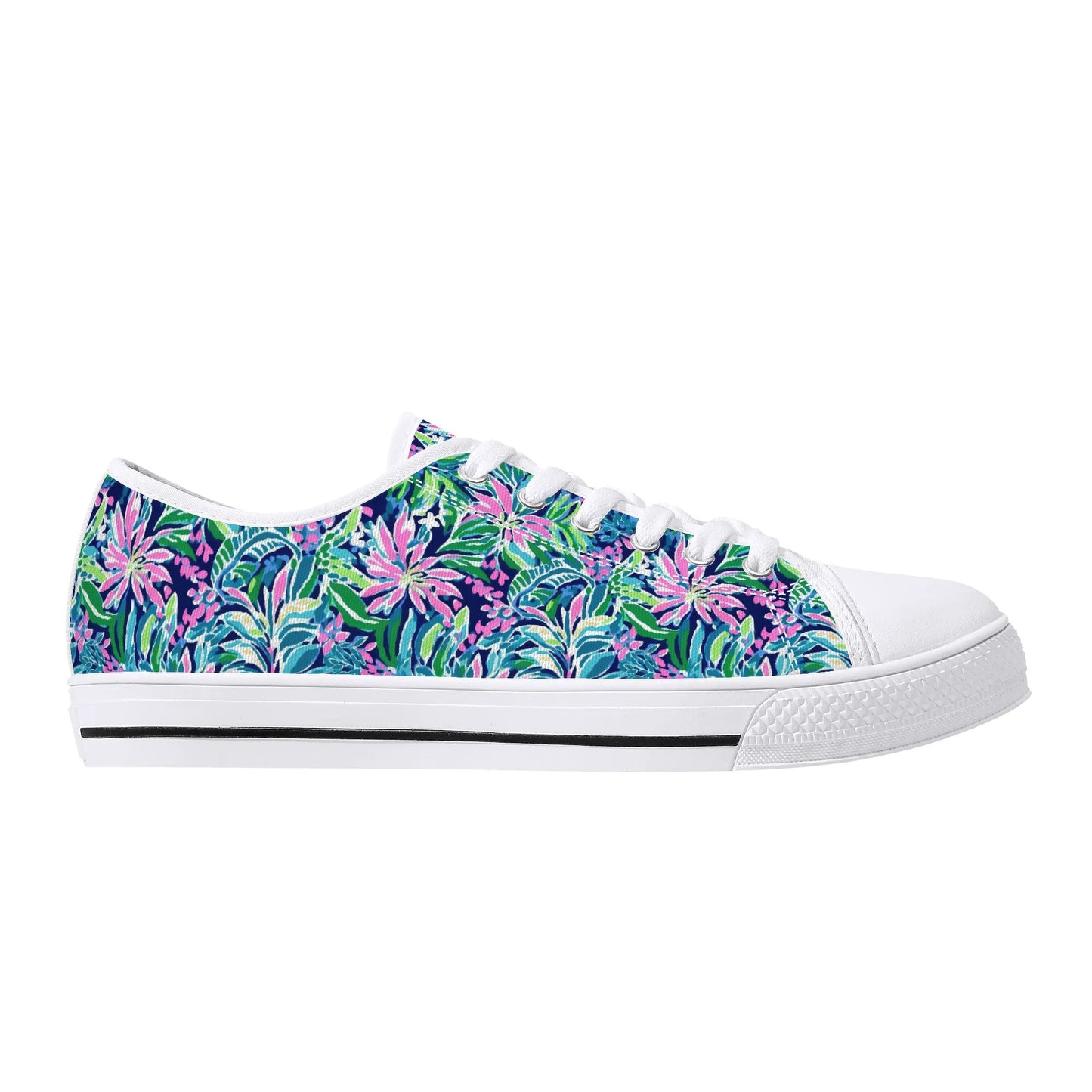 Seaside Blossoms: Coastal Spring Flowers in Pink, Green, and Navy Watercolors Womens Low Top Canvas Sneakers US5.5 - US12