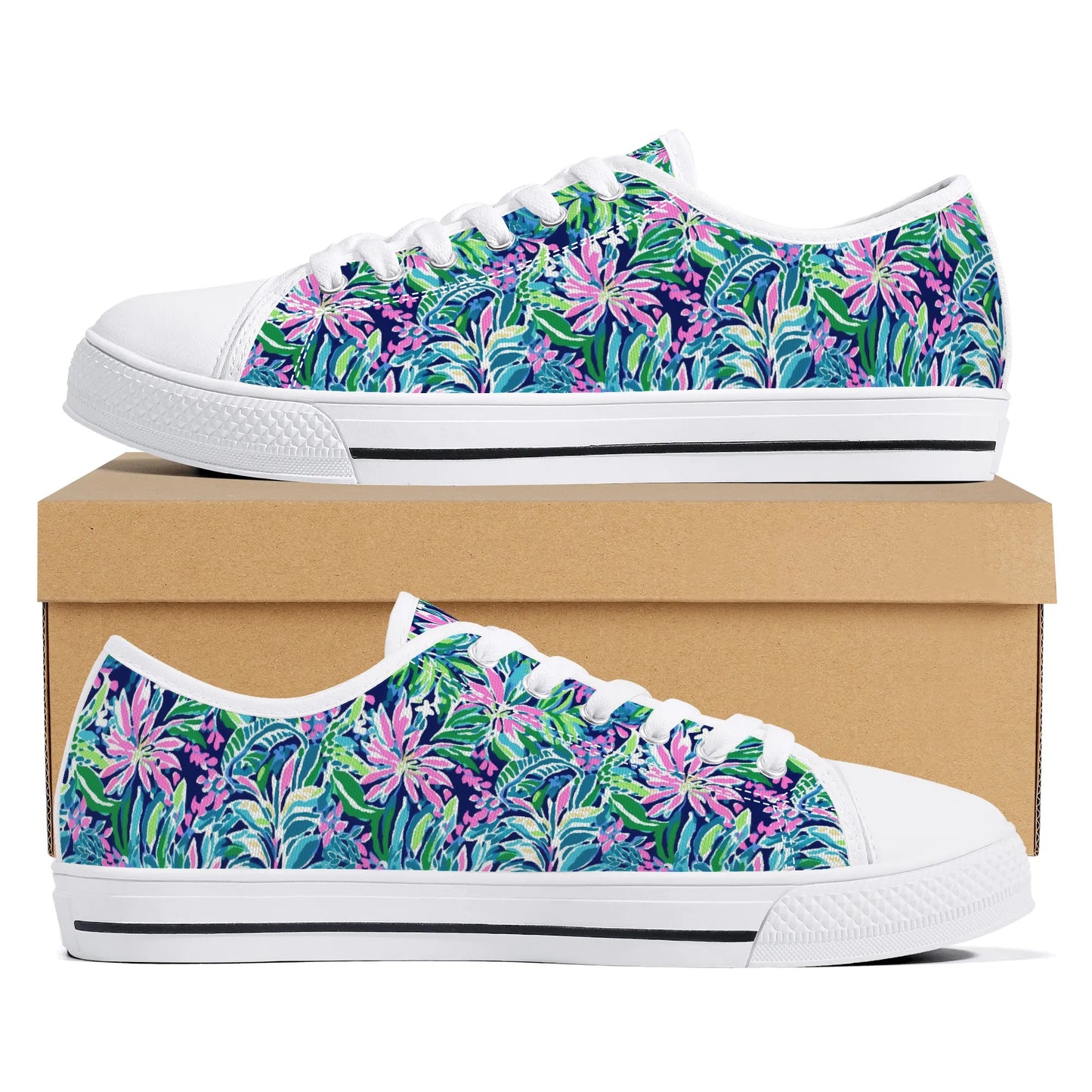 Seaside Blossoms: Coastal Spring Flowers in Pink, Green, and Navy Watercolors Womens Low Top Canvas Sneakers US5.5 - US12