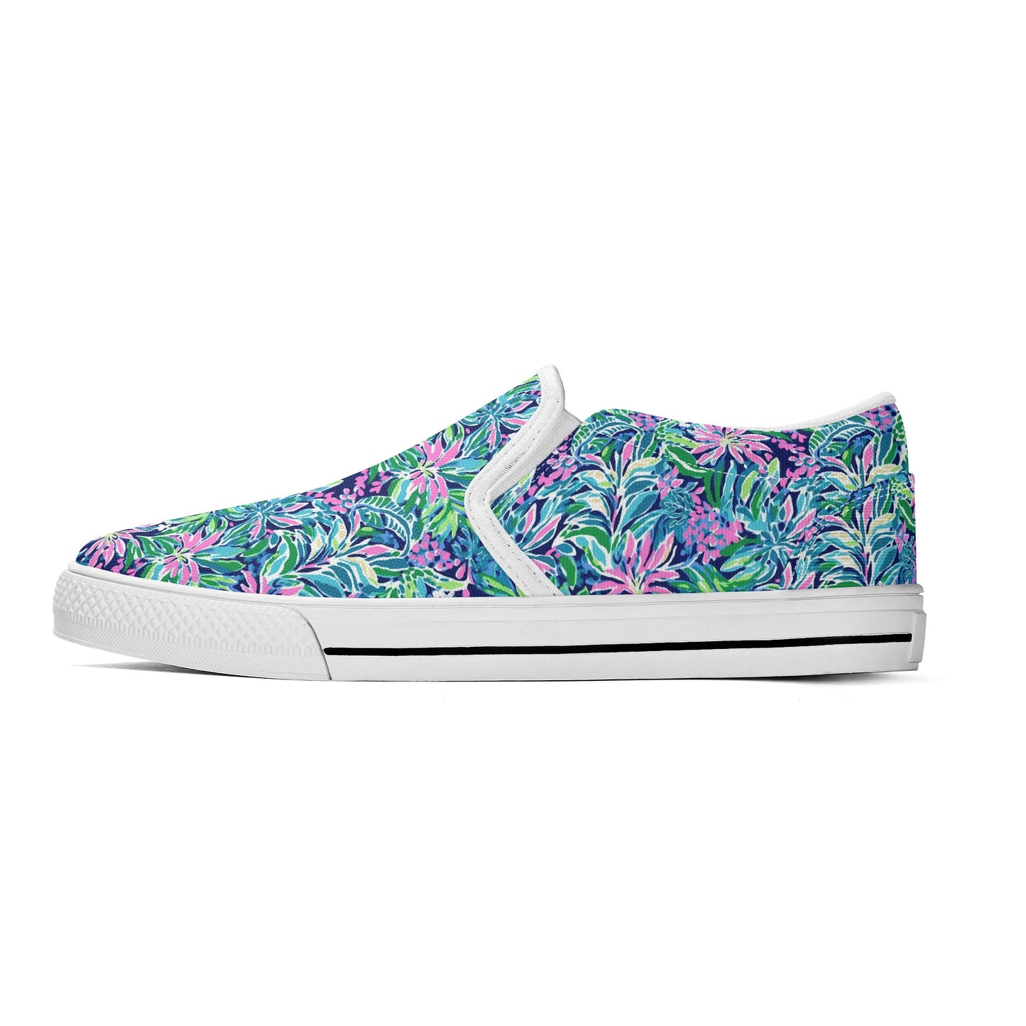 Seaside Blossoms: Coastal Spring Flowers in Pink, Green, and Navy Watercolors Womens Canvas Slip On Shoes US5-US12