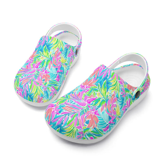 Neon Tropics: Vibrant Rainbow Flowers and Palm Leaves in Electric Splendor Casual Lightweight Slip On Nurse Style Clogs