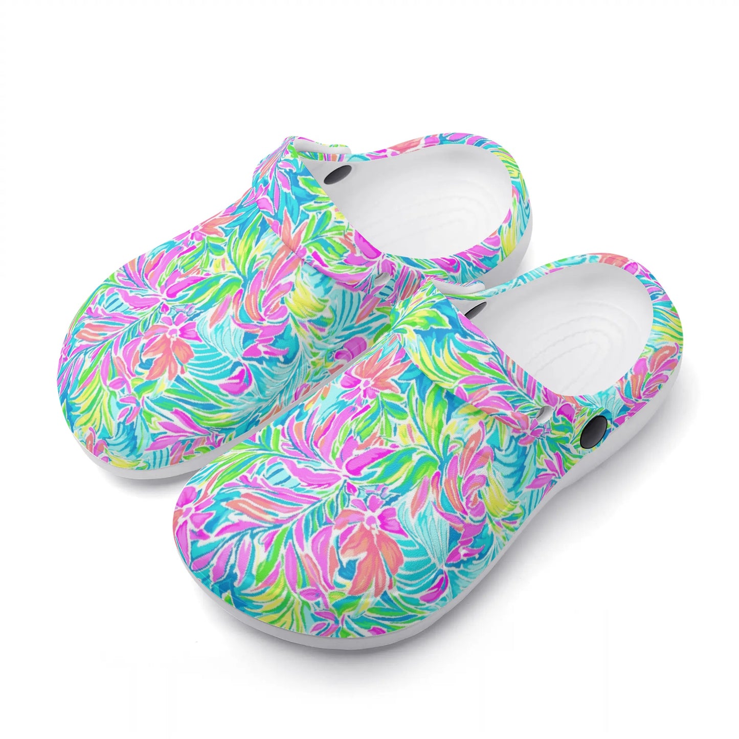 Neon Tropics: Vibrant Rainbow Flowers and Palm Leaves in Electric Splendor Casual Lightweight Slip On Nurse Style Clogs