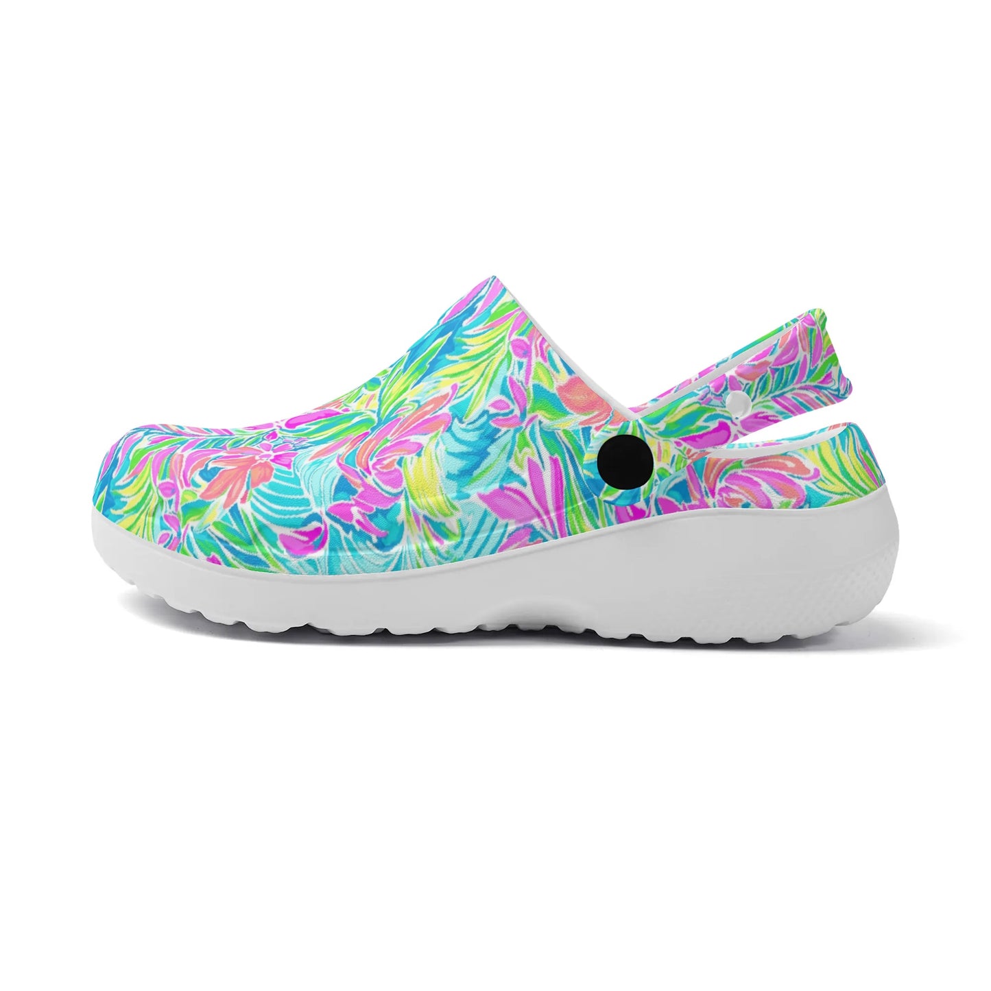 Neon Tropics: Vibrant Rainbow Flowers and Palm Leaves in Electric Splendor Casual Lightweight Slip On Nurse Style Clogs