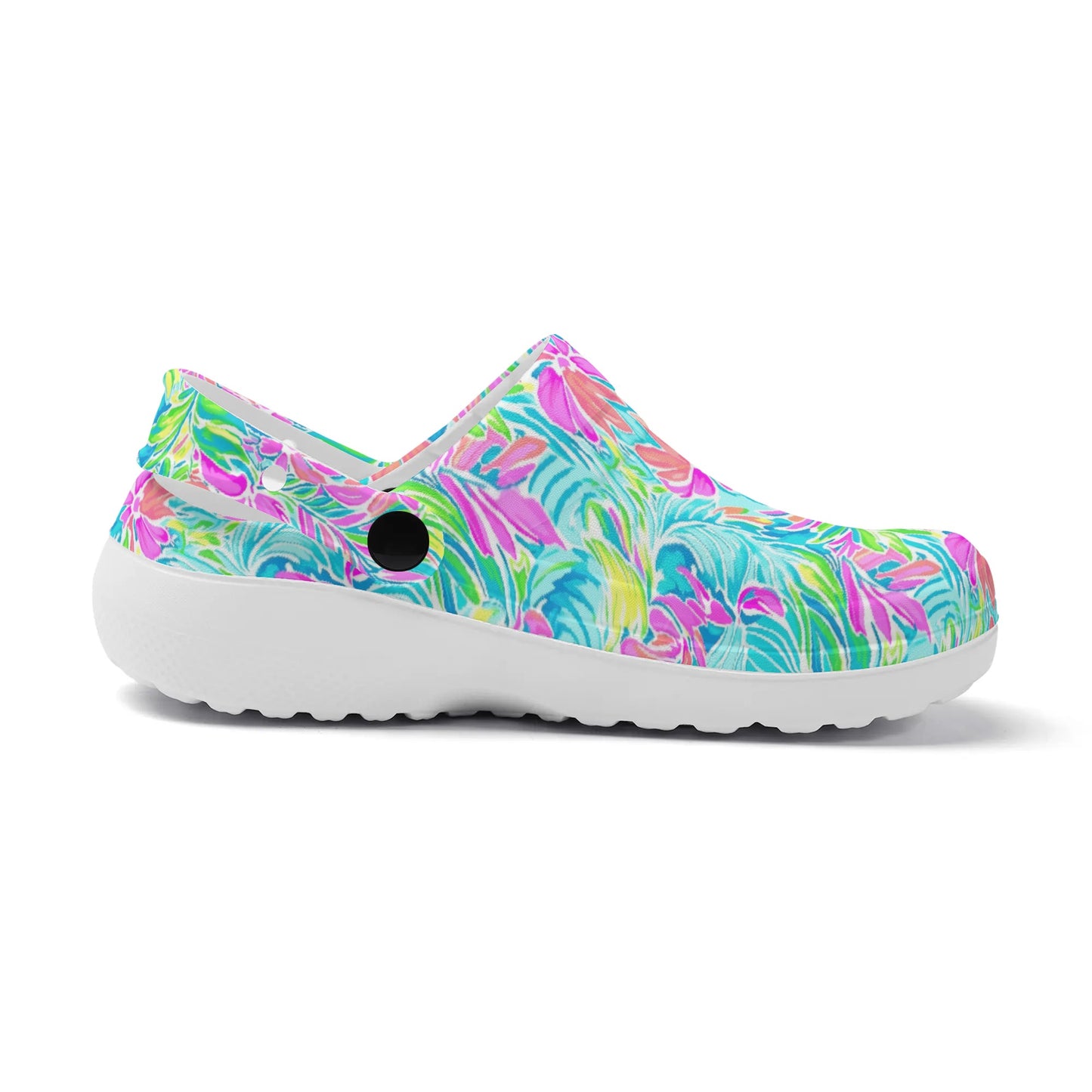 Neon Tropics: Vibrant Rainbow Flowers and Palm Leaves in Electric Splendor Casual Lightweight Slip On Nurse Style Clogs