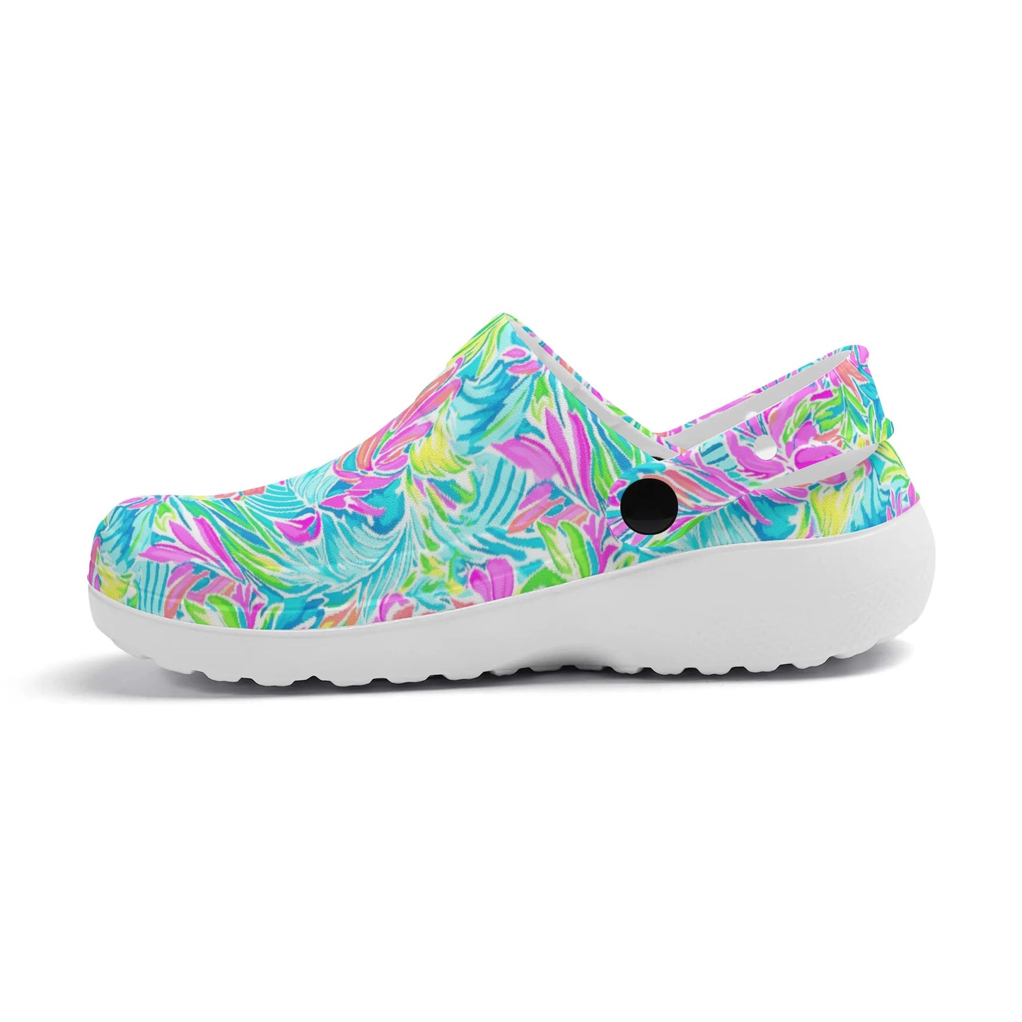 Neon Tropics: Vibrant Rainbow Flowers and Palm Leaves in Electric Splendor Casual Lightweight Slip On Nurse Style Clogs