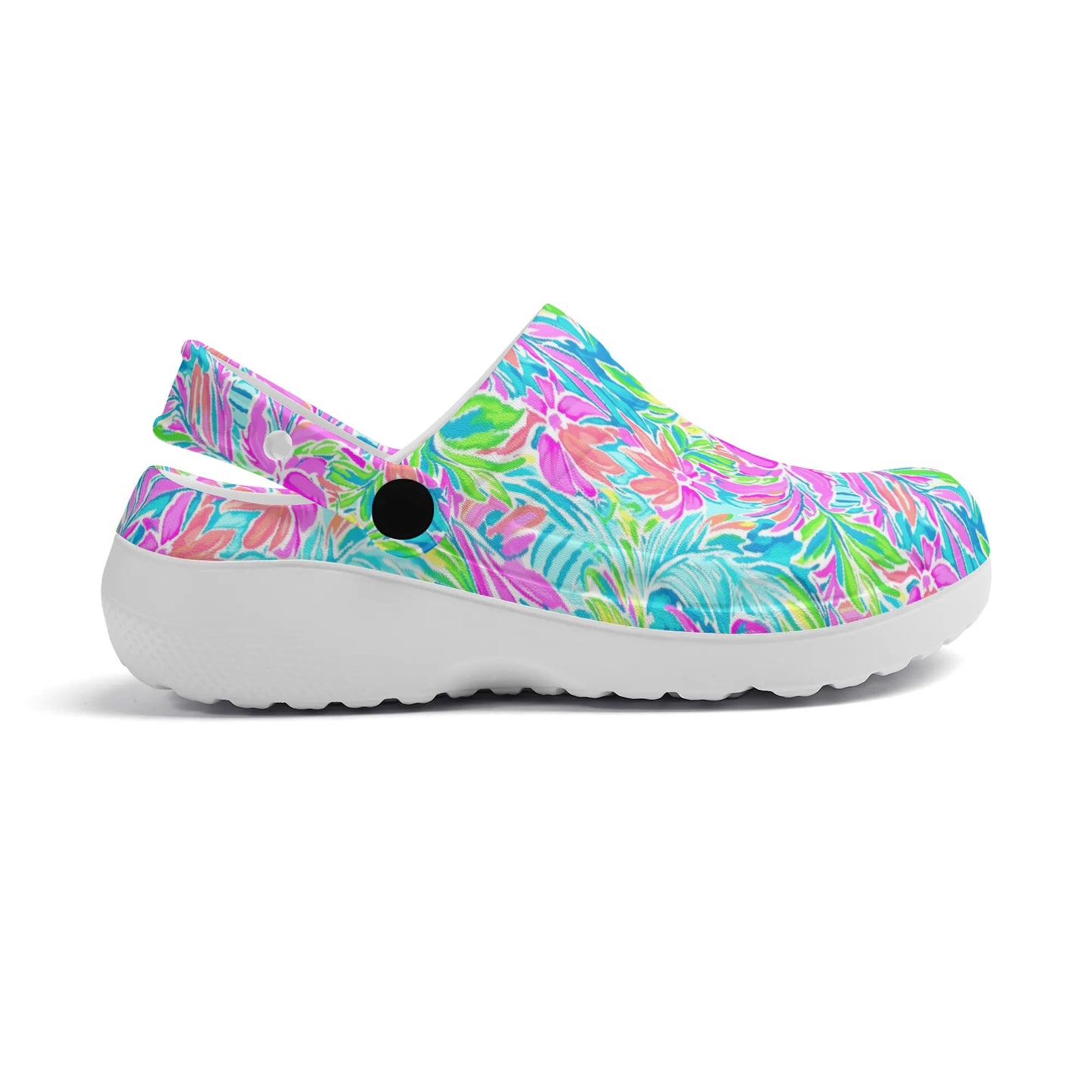 Neon Tropics: Vibrant Rainbow Flowers and Palm Leaves in Electric Splendor Casual Lightweight Slip On Nurse Style Clogs