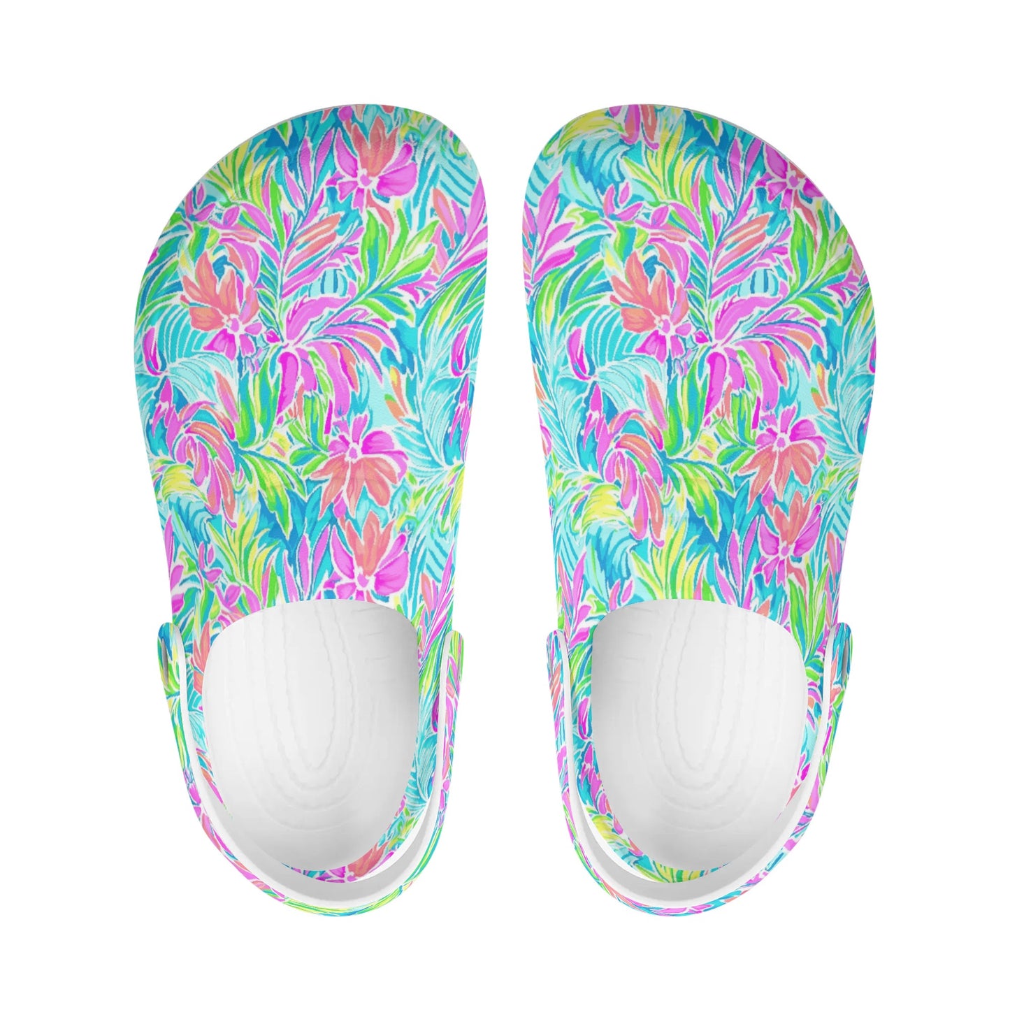 Neon Tropics: Vibrant Rainbow Flowers and Palm Leaves in Electric Splendor Casual Lightweight Slip On Nurse Style Clogs