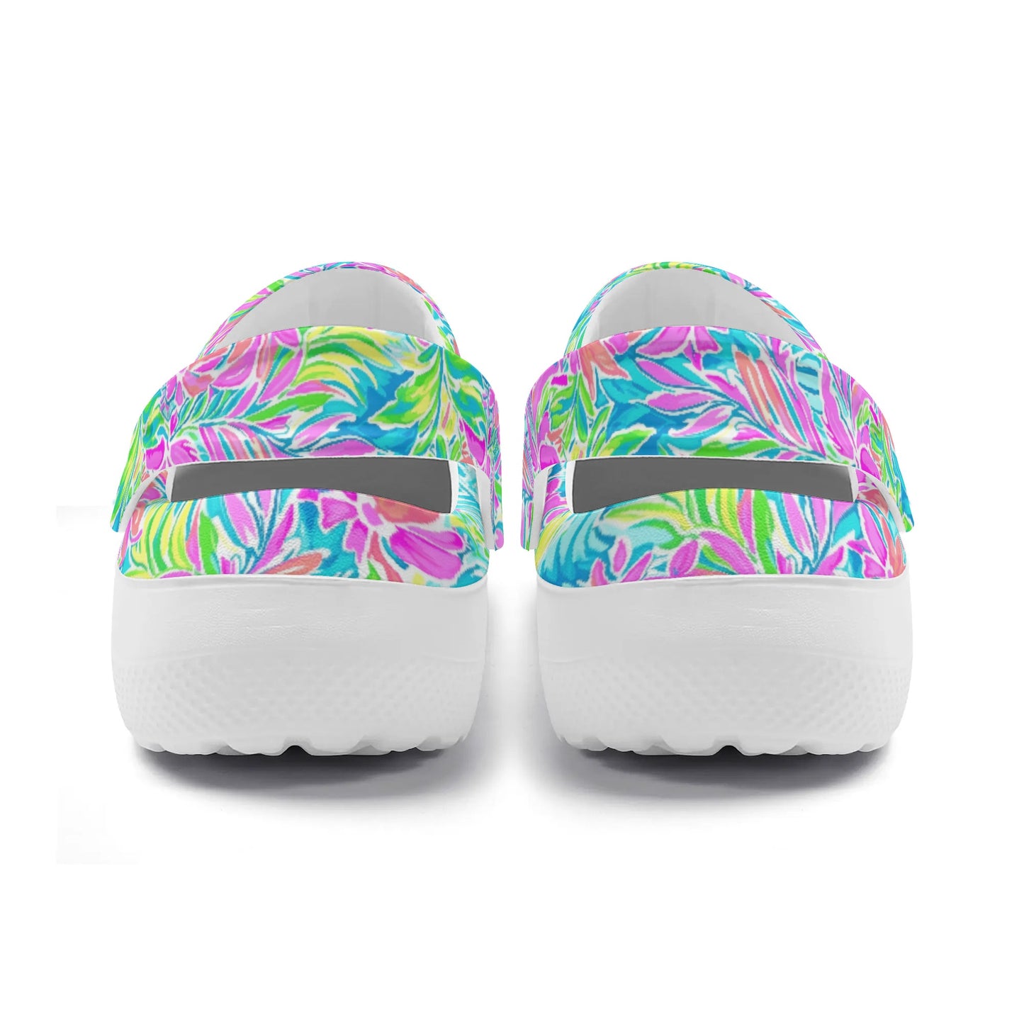 Neon Tropics: Vibrant Rainbow Flowers and Palm Leaves in Electric Splendor Casual Lightweight Slip On Nurse Style Clogs