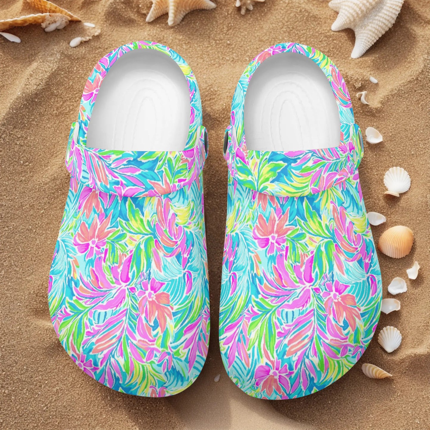 Neon Tropics: Vibrant Rainbow Flowers and Palm Leaves in Electric Splendor Casual Lightweight Slip On Nurse Style Clogs