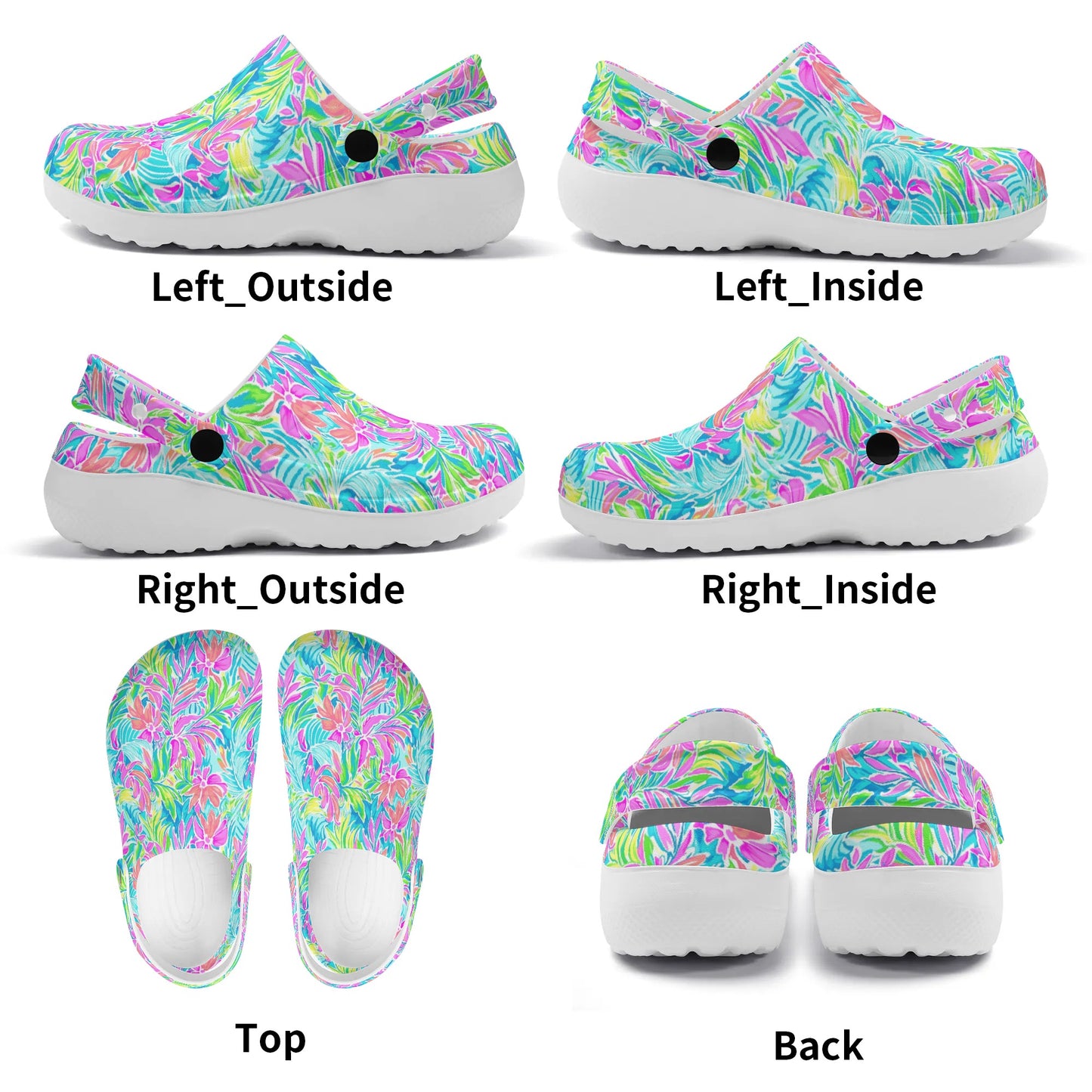 Neon Tropics: Vibrant Rainbow Flowers and Palm Leaves in Electric Splendor Casual Lightweight Slip On Nurse Style Clogs