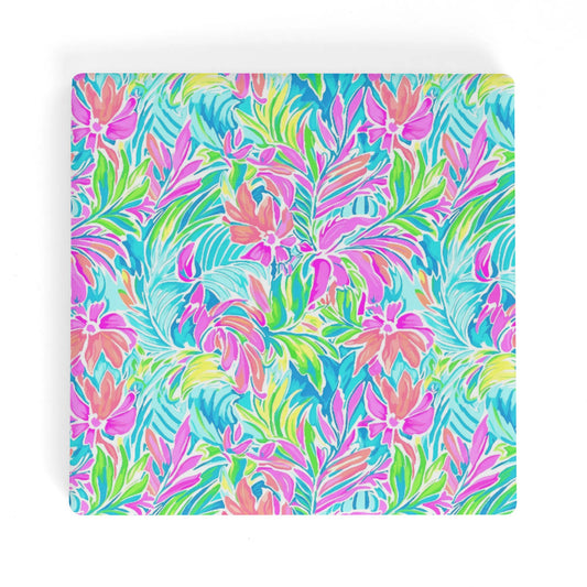 Neon Tropics: Vibrant Rainbow Flowers and Palm Leaves in Electric Splendor Square Ceramic Coasters - Set of 4