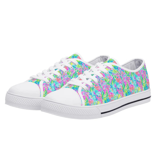 Neon Tropics: Vibrant Rainbow Flowers and Palm Leaves in Electric Splendor Womens Low Top Canvas Sneakers US5.5 - US12