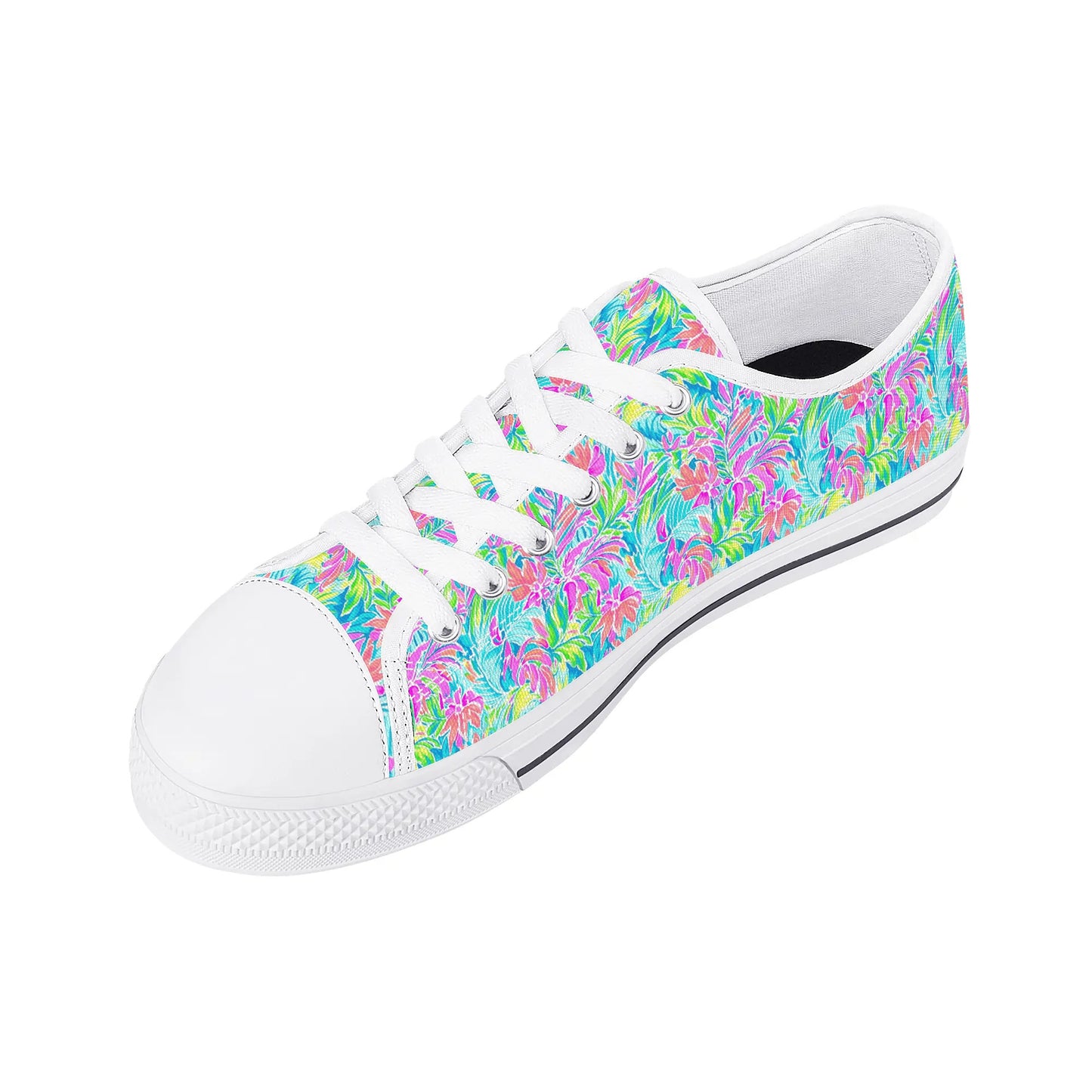 Neon Tropics: Vibrant Rainbow Flowers and Palm Leaves in Electric Splendor Womens Low Top Canvas Sneakers US5.5 - US12