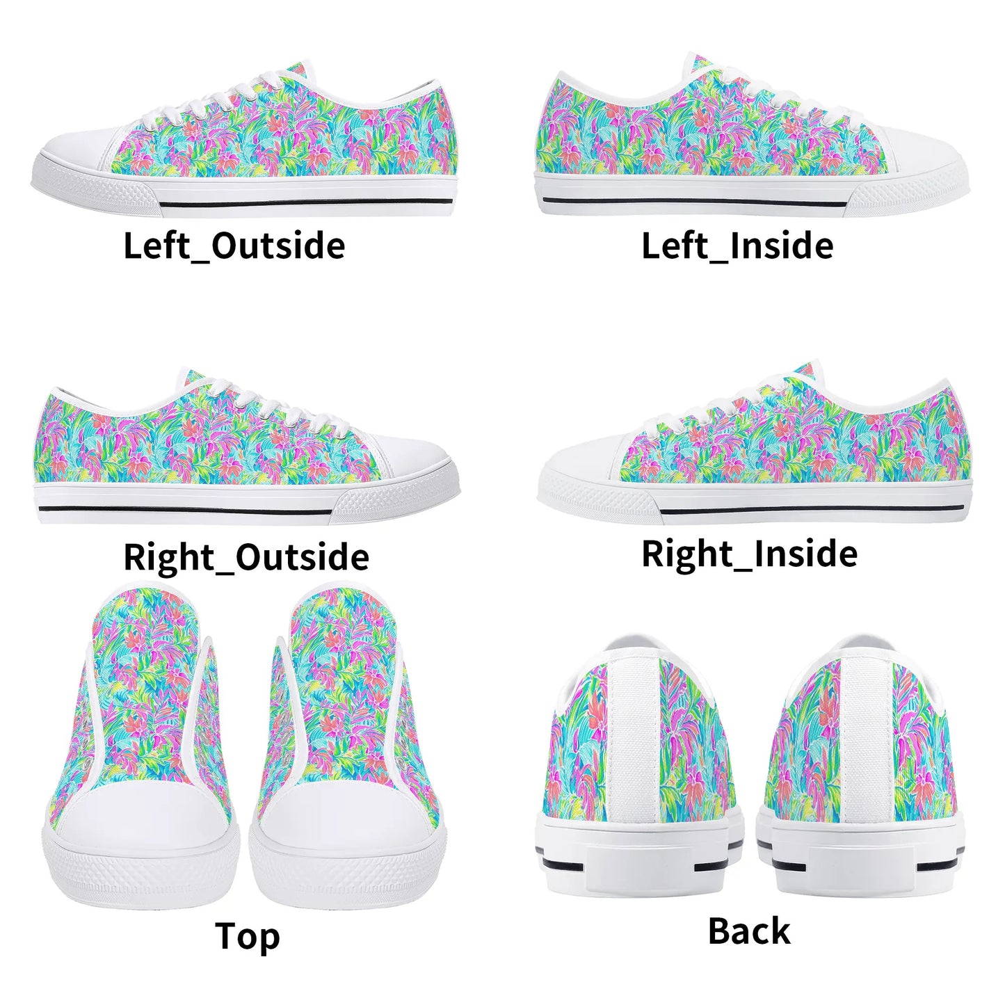 Neon Tropics: Vibrant Rainbow Flowers and Palm Leaves in Electric Splendor Womens Low Top Canvas Sneakers US5.5 - US12