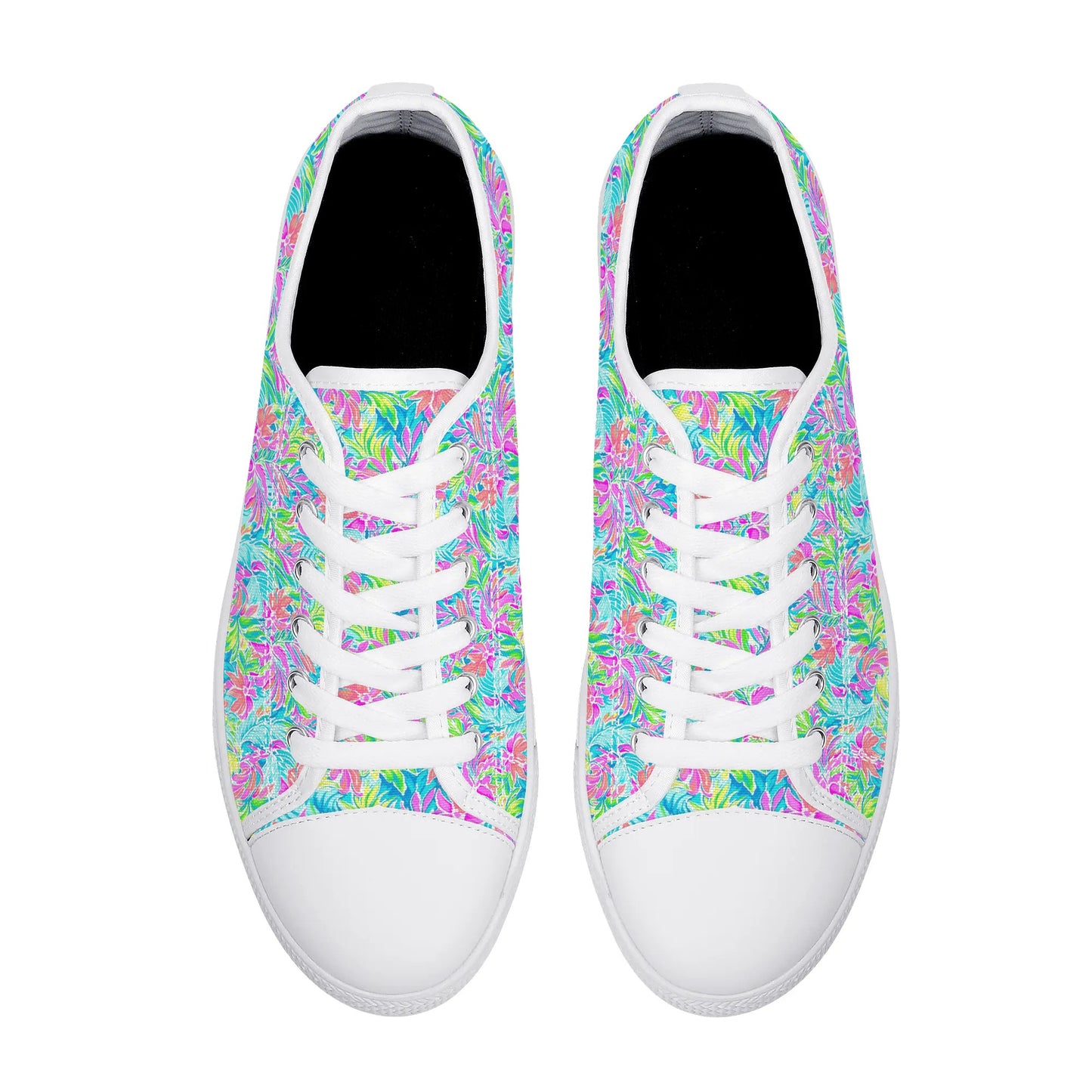 Neon Tropics: Vibrant Rainbow Flowers and Palm Leaves in Electric Splendor Womens Low Top Canvas Sneakers US5.5 - US12