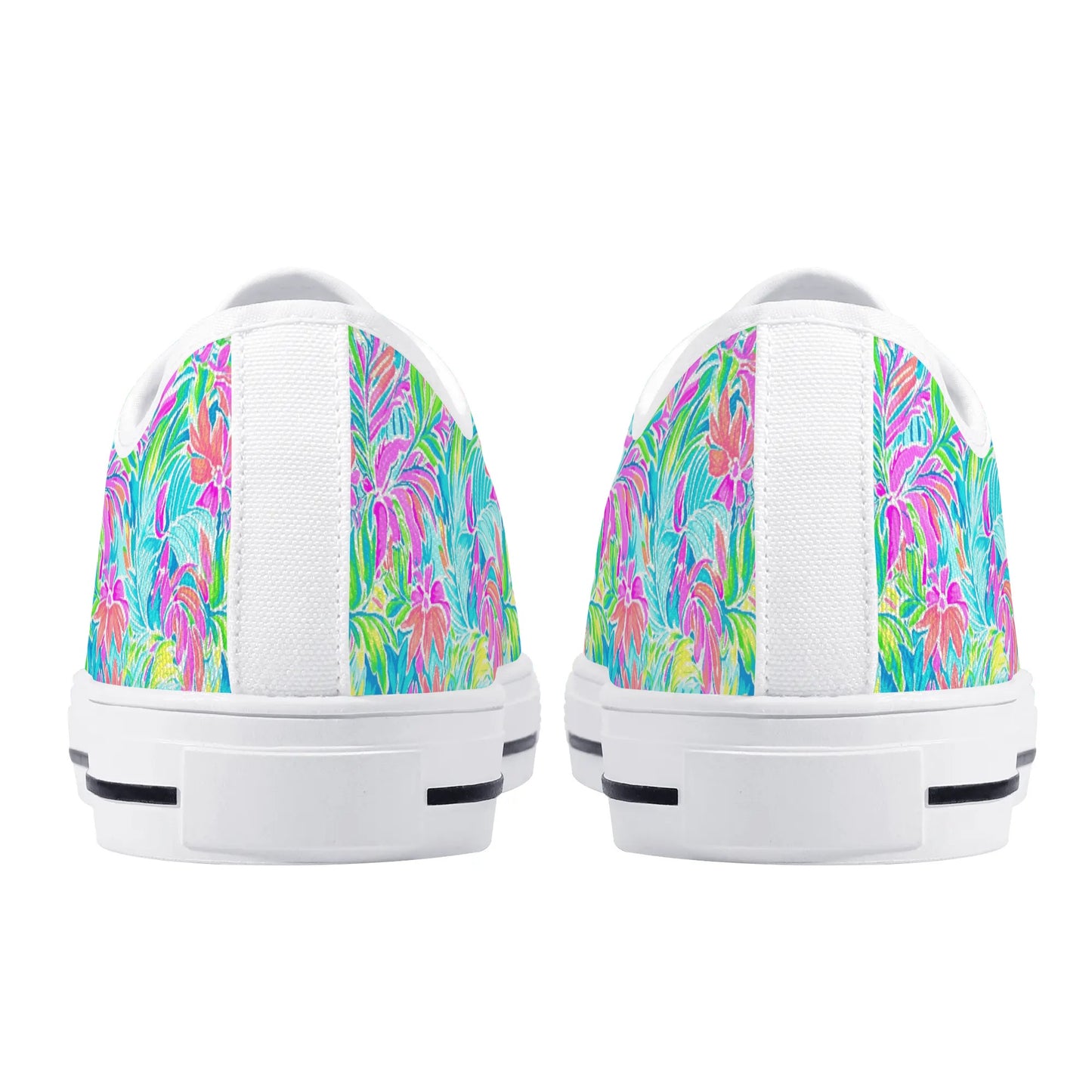 Neon Tropics: Vibrant Rainbow Flowers and Palm Leaves in Electric Splendor Womens Low Top Canvas Sneakers US5.5 - US12