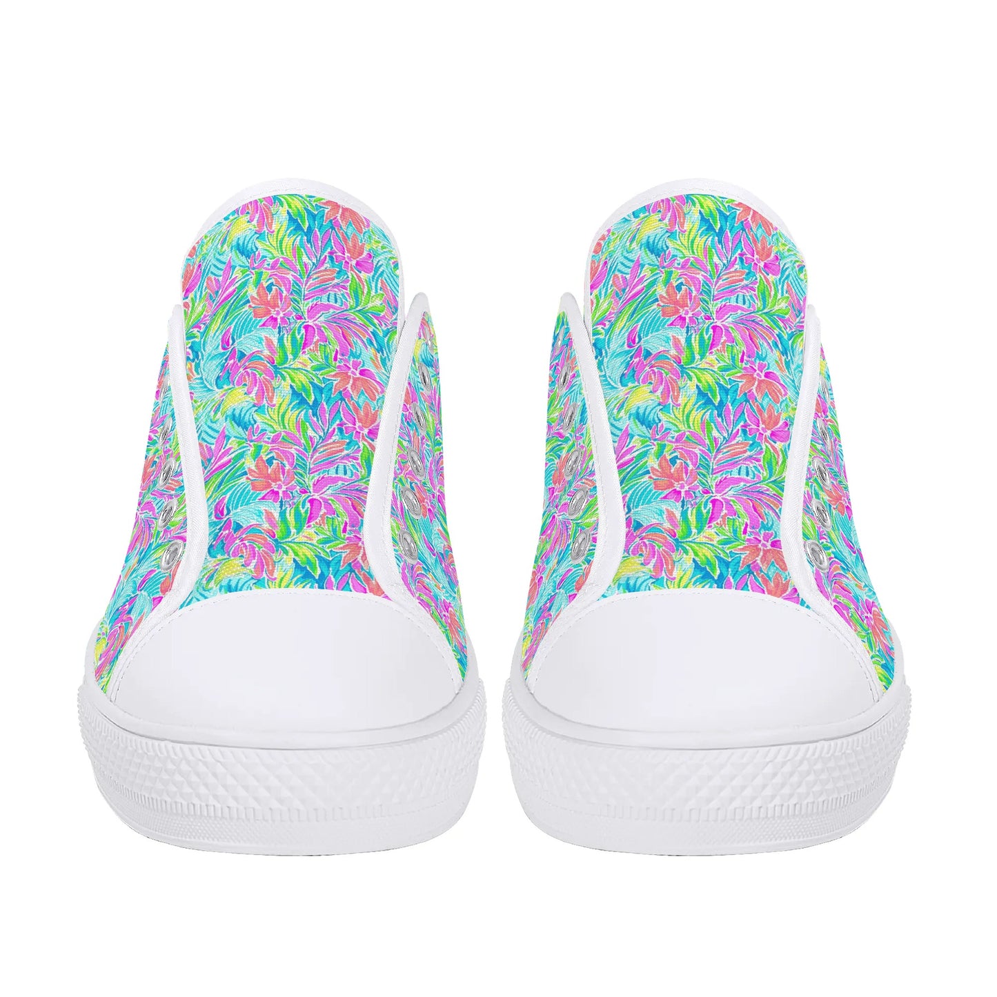 Neon Tropics: Vibrant Rainbow Flowers and Palm Leaves in Electric Splendor Womens Low Top Canvas Sneakers US5.5 - US12