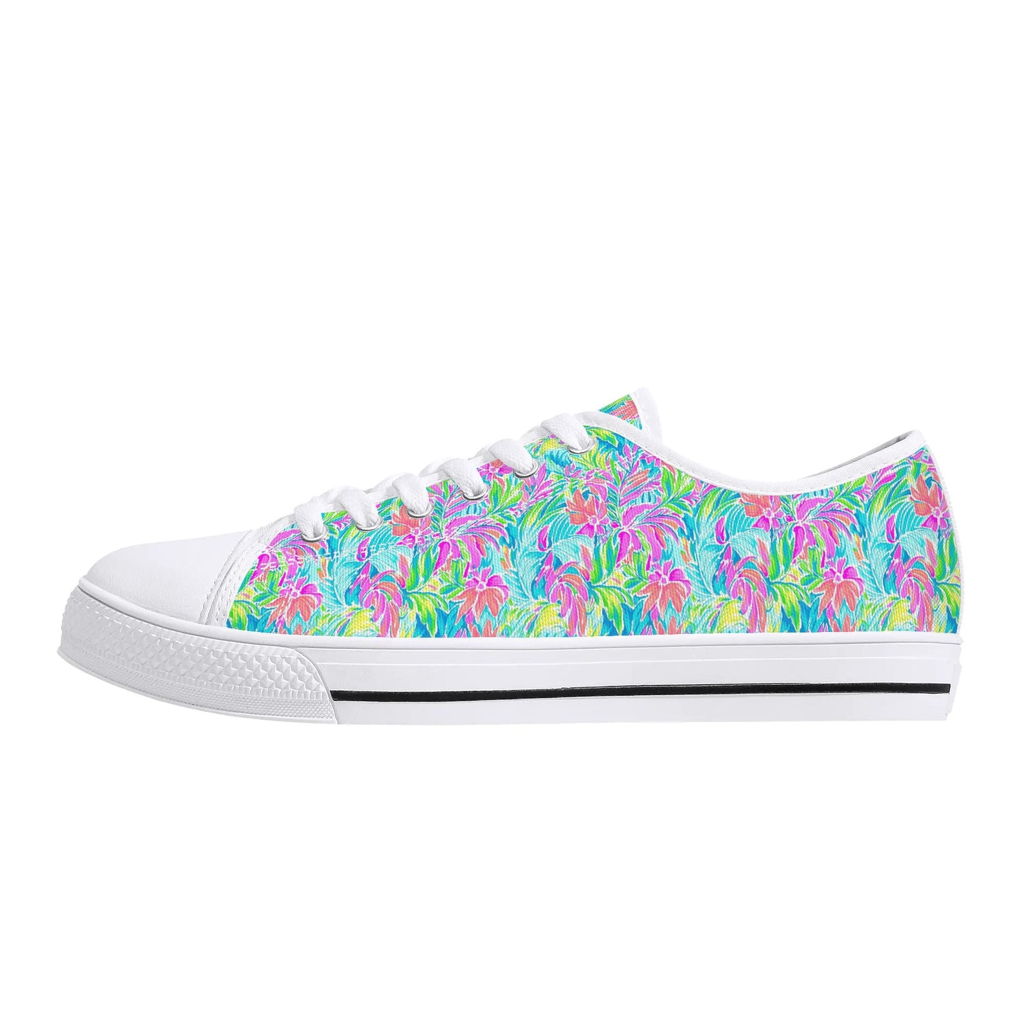 Neon Tropics: Vibrant Rainbow Flowers and Palm Leaves in Electric Splendor Womens Low Top Canvas Sneakers US5.5 - US12