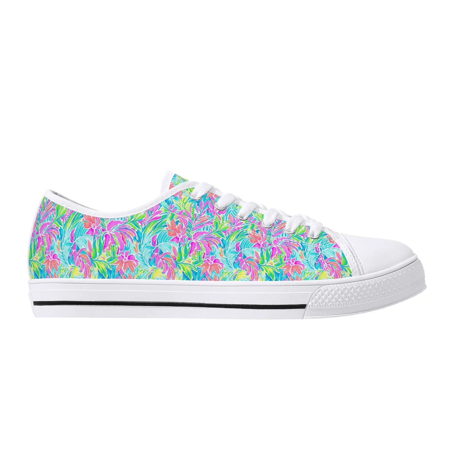 Neon Tropics: Vibrant Rainbow Flowers and Palm Leaves in Electric Splendor Womens Low Top Canvas Sneakers US5.5 - US12