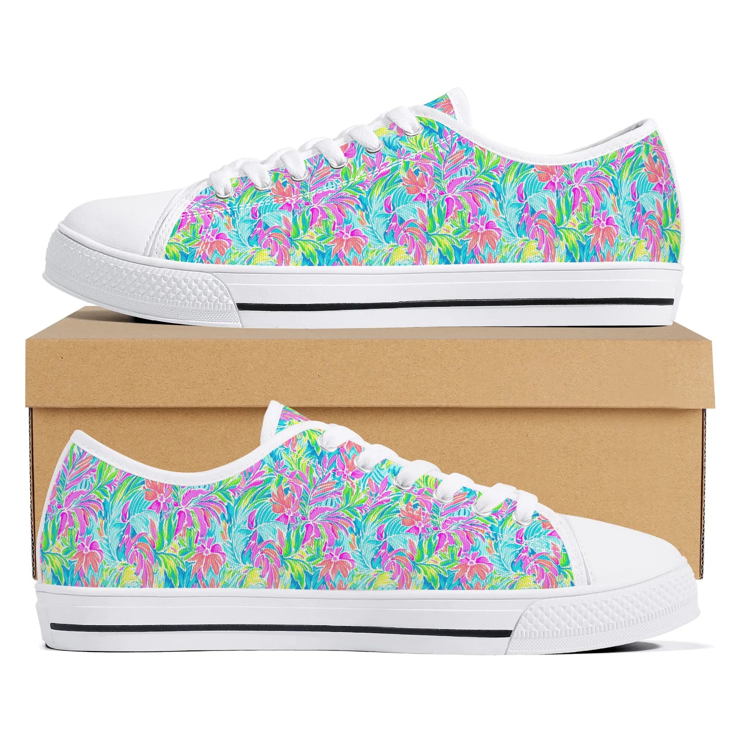 Neon Tropics: Vibrant Rainbow Flowers and Palm Leaves in Electric Splendor Womens Low Top Canvas Sneakers US5.5 - US12