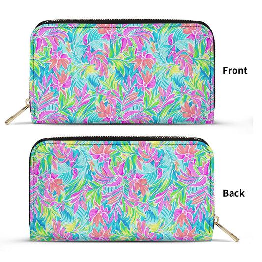 Neon Tropics: Vibrant Rainbow Flowers and Palm Leaves in Electric Splendor - Leather Wallet (PU)