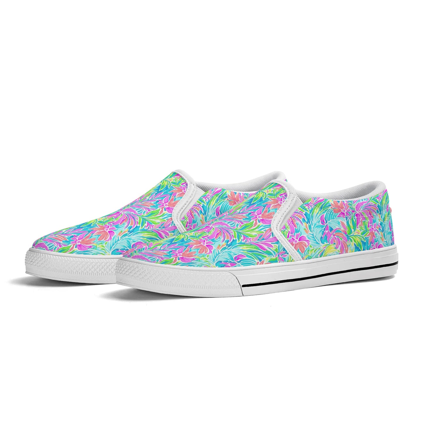 Neon Tropics: Vibrant Rainbow Flowers and Palm Leaves in Electric Splendor Womens Canvas Slip On Shoes US5-US12