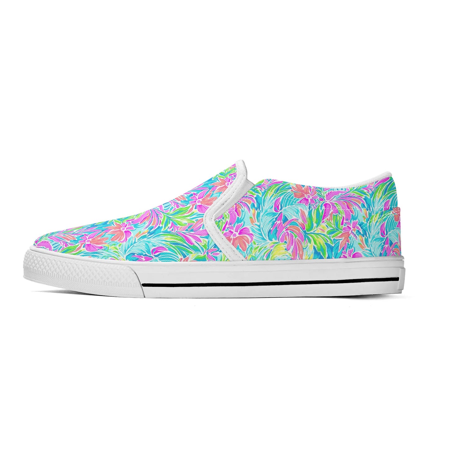 Neon Tropics: Vibrant Rainbow Flowers and Palm Leaves in Electric Splendor Womens Canvas Slip On Shoes US5-US12