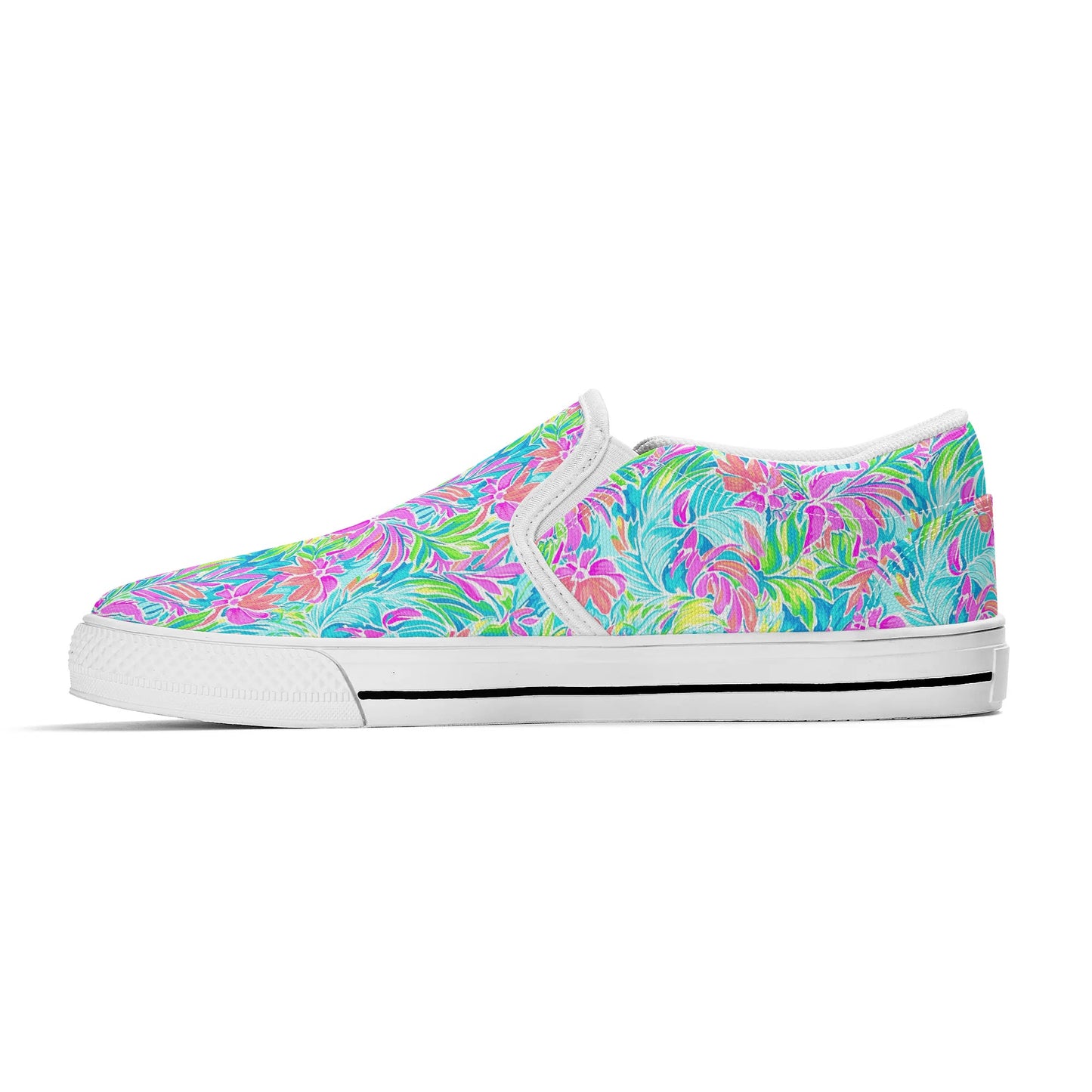 Neon Tropics: Vibrant Rainbow Flowers and Palm Leaves in Electric Splendor Womens Canvas Slip On Shoes US5-US12