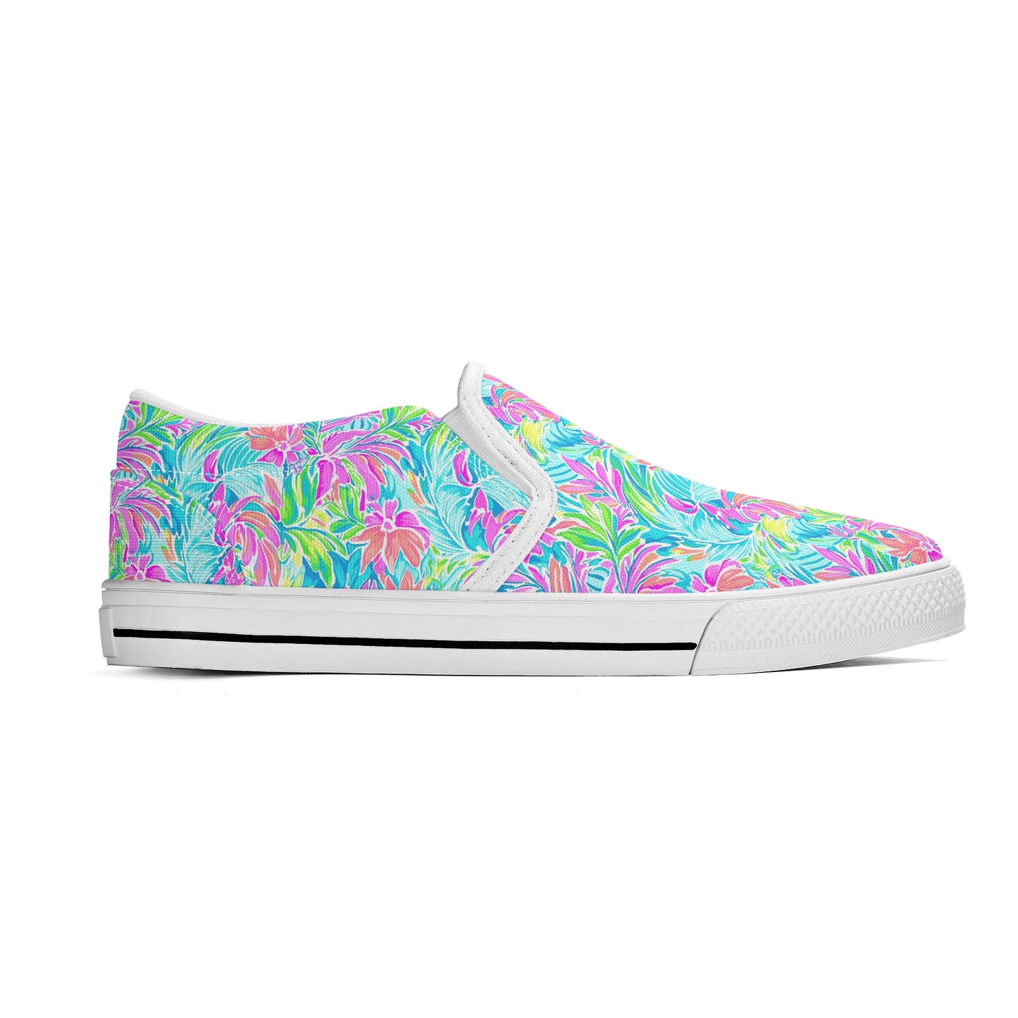 Neon Tropics: Vibrant Rainbow Flowers and Palm Leaves in Electric Splendor Womens Canvas Slip On Shoes US5-US12