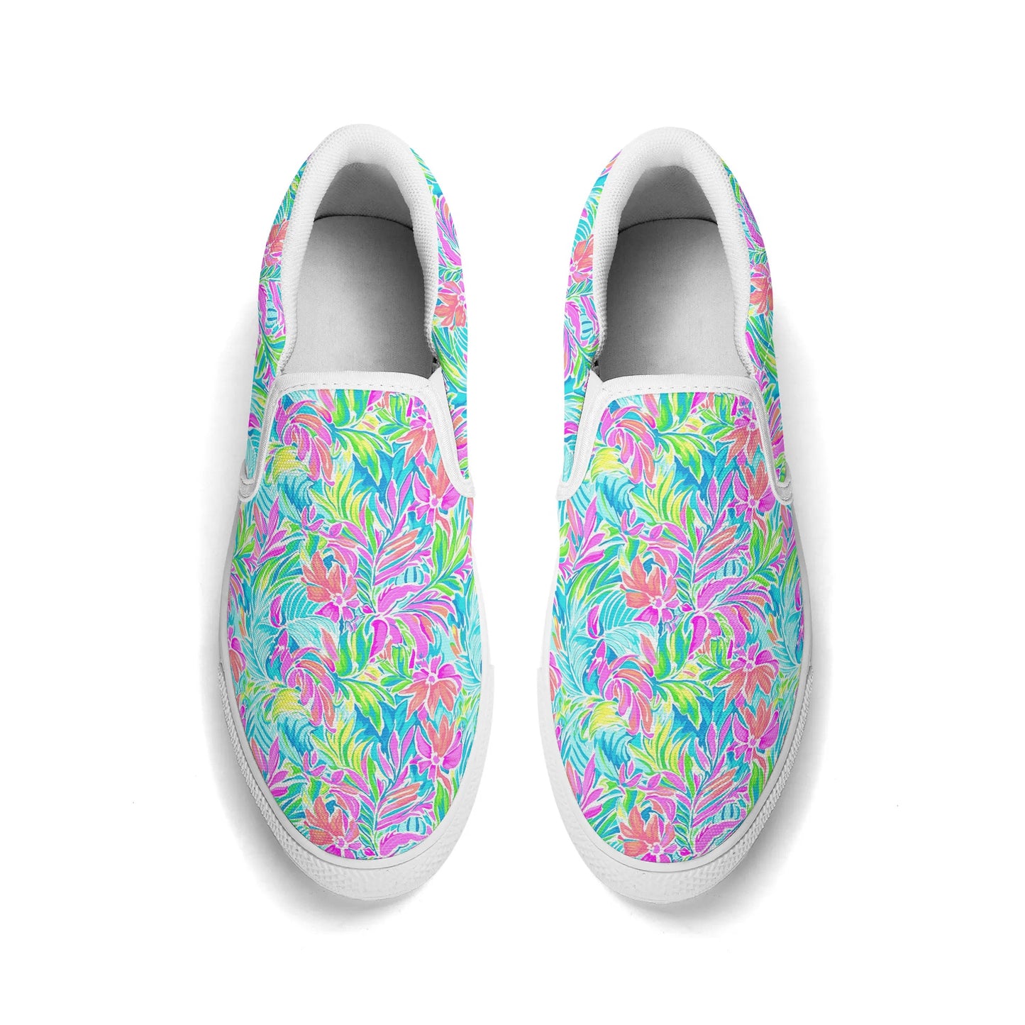 Neon Tropics: Vibrant Rainbow Flowers and Palm Leaves in Electric Splendor Womens Canvas Slip On Shoes US5-US12