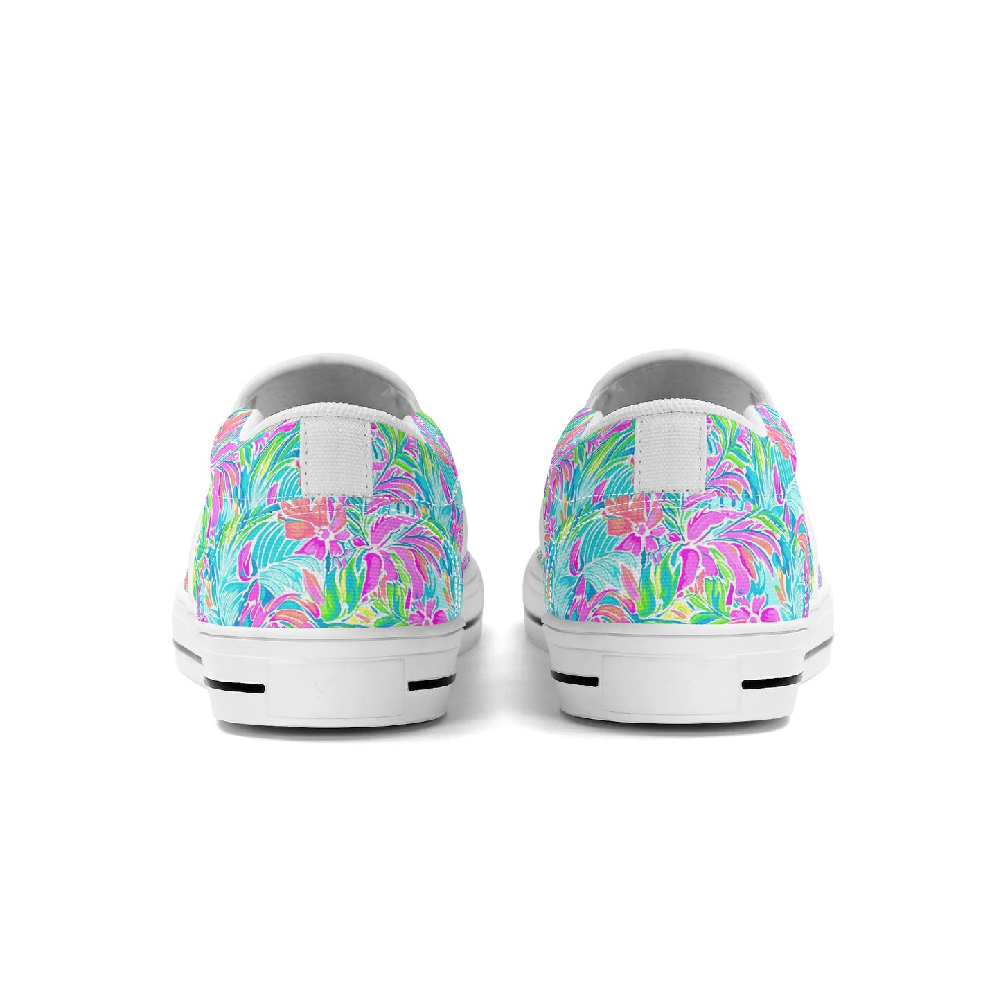 Neon Tropics: Vibrant Rainbow Flowers and Palm Leaves in Electric Splendor Womens Canvas Slip On Shoes US5-US12