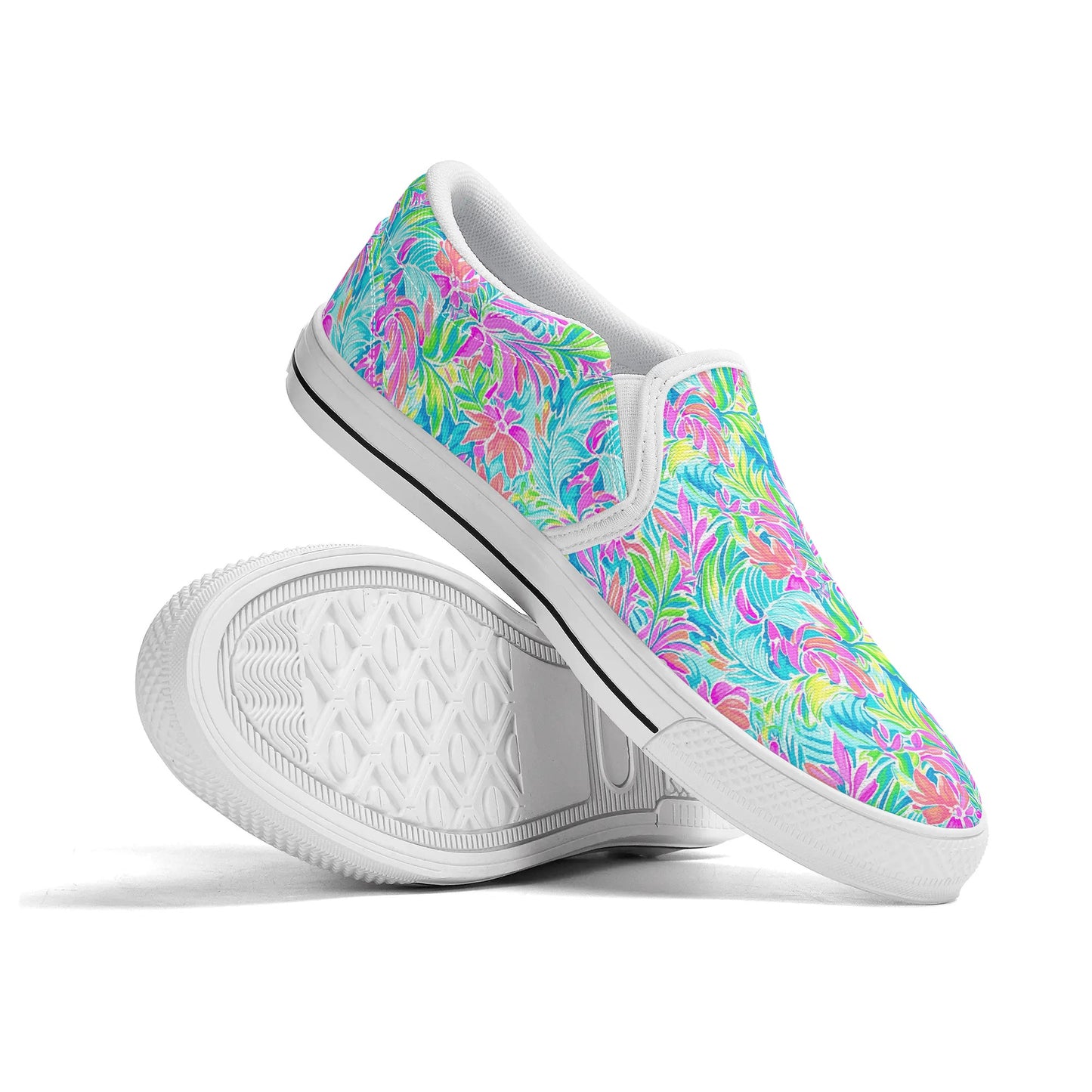 Neon Tropics: Vibrant Rainbow Flowers and Palm Leaves in Electric Splendor Womens Canvas Slip On Shoes US5-US12