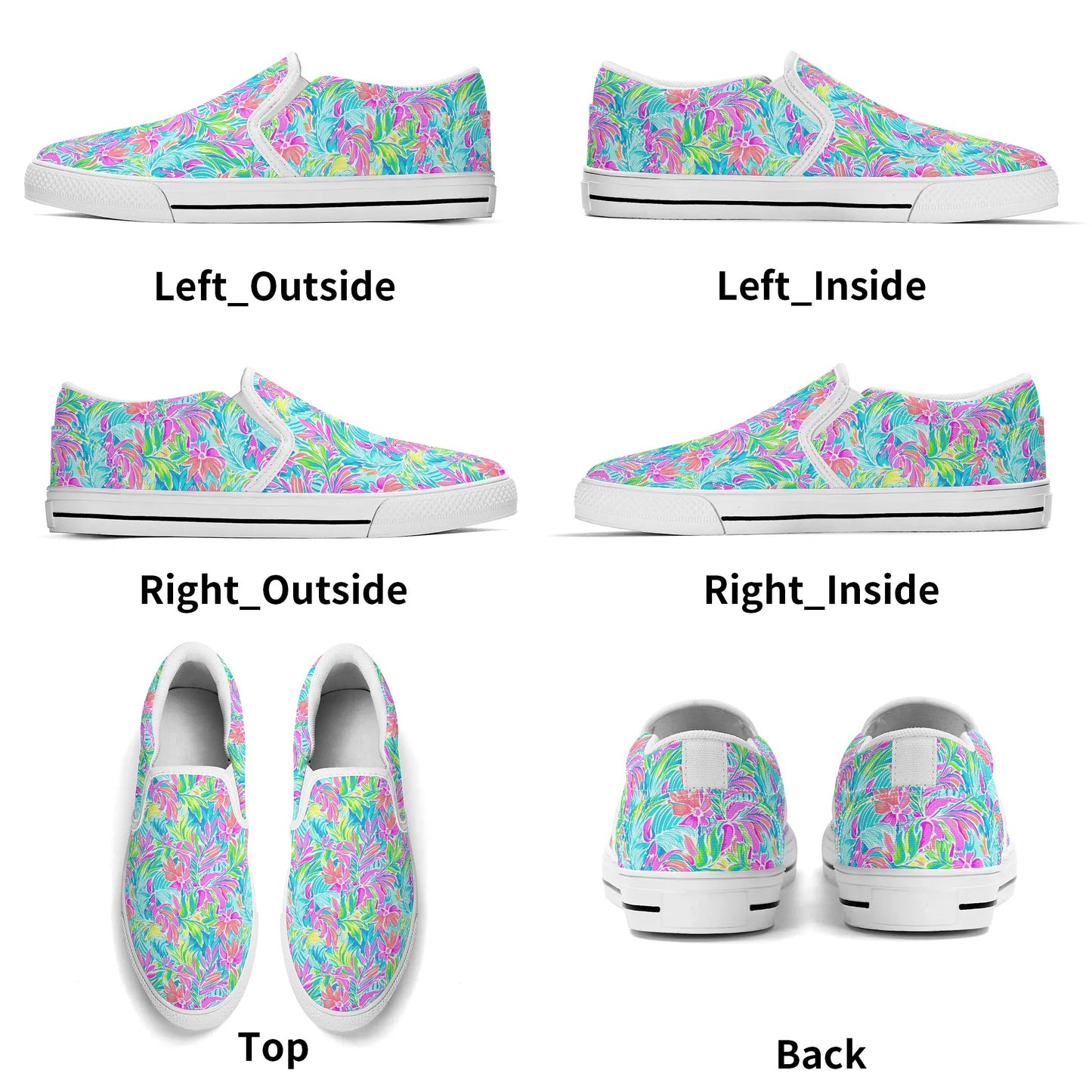 Neon Tropics: Vibrant Rainbow Flowers and Palm Leaves in Electric Splendor Womens Canvas Slip On Shoes US5-US12