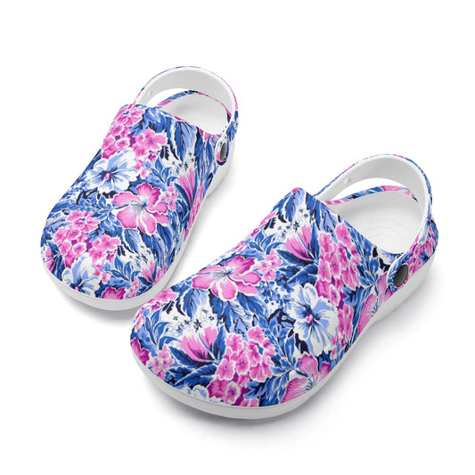 Bright Blooms: Pink and Blue Watercolor Hibiscus in Vivid Splendor Casual Lightweight Slip On Nurse Style Clogs