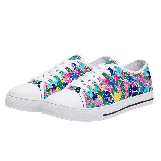 Rainbow Blooms: Vibrant Multi-color Watercolor Flowers in Full Bloom Womens Low Top Canvas Sneakers US5.5 - US12