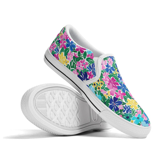 Rainbow Blooms: Vibrant Multi-color Watercolor Flowers in Full Bloom Womens Canvas Slip On Shoes US5-US12