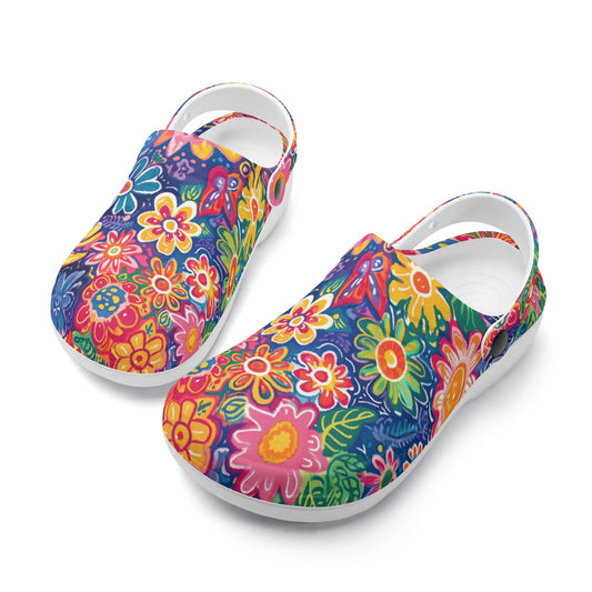 Fluttering Kaleidoscope: Vibrant Multicolor Flowers and Butterflies in Flight Casual Lightweight Slip On Nurse Style Clogs