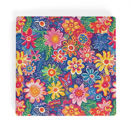 Fluttering Kaleidoscope: Vibrant Multicolor Flowers and Butterflies in Flight Square Ceramic Coasters - Set of 4