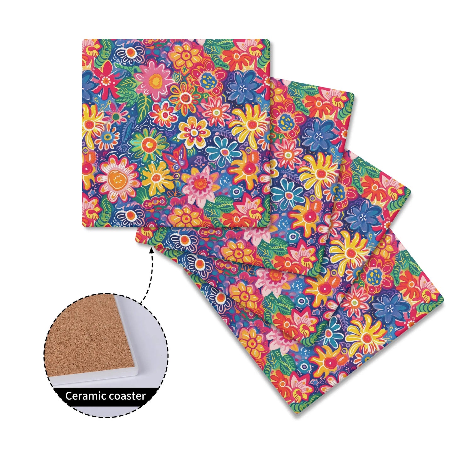 Fluttering Kaleidoscope: Vibrant Multicolor Flowers and Butterflies in Flight Square Ceramic Coasters - Set of 4