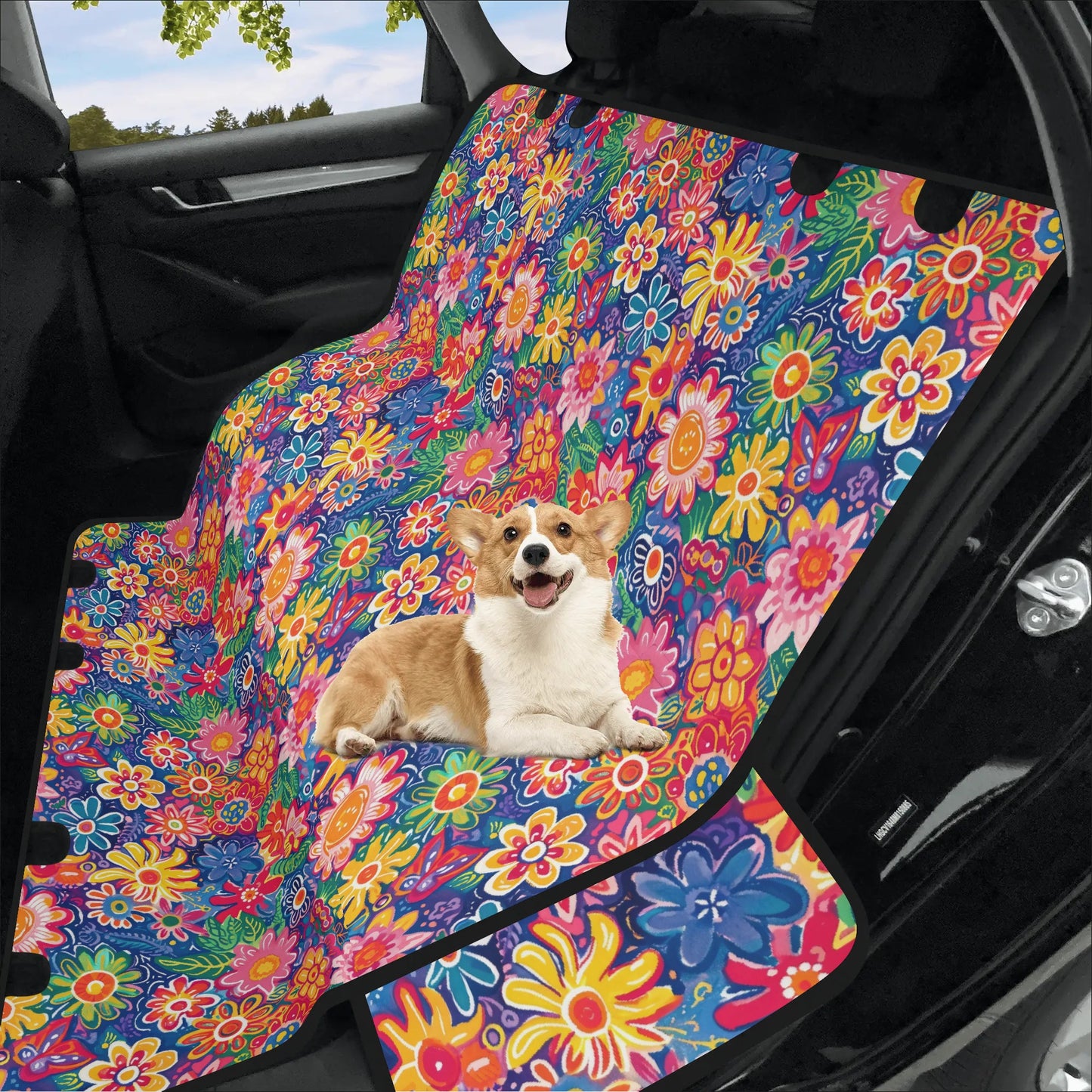 Fluttering Kaleidoscope: Vibrant Multicolor Flowers and Butterflies in Flight Car Pet Seat Cover 2 Sizes