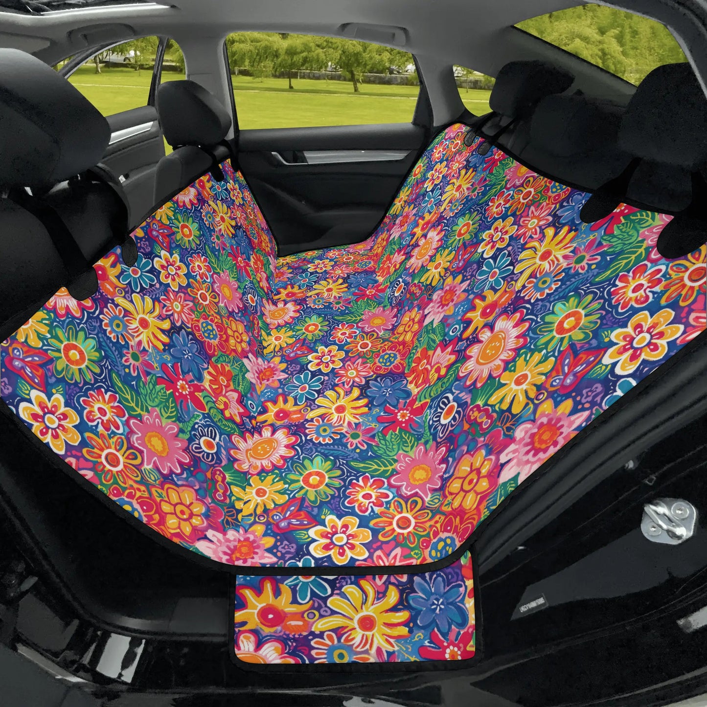 Fluttering Kaleidoscope: Vibrant Multicolor Flowers and Butterflies in Flight Car Pet Seat Cover 2 Sizes