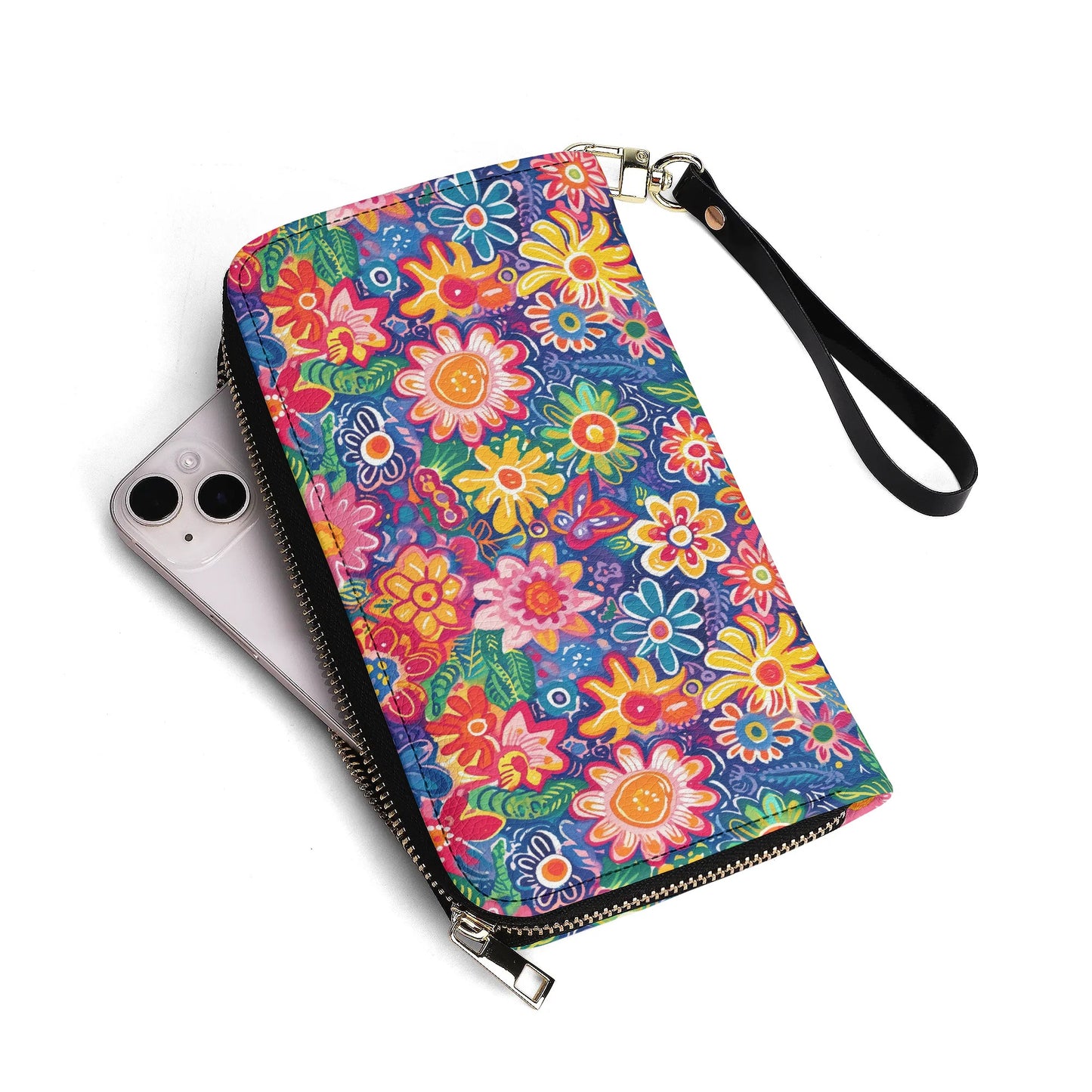 Fluttering Kaleidoscope: Vibrant Multicolor Flowers and Butterflies in Flight - Leather Wallet (PU)