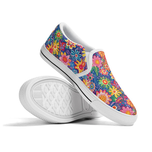 Fluttering Kaleidoscope: Vibrant Multicolor Flowers and Butterflies in Flight Womens Canvas Slip On Shoes US5-US12