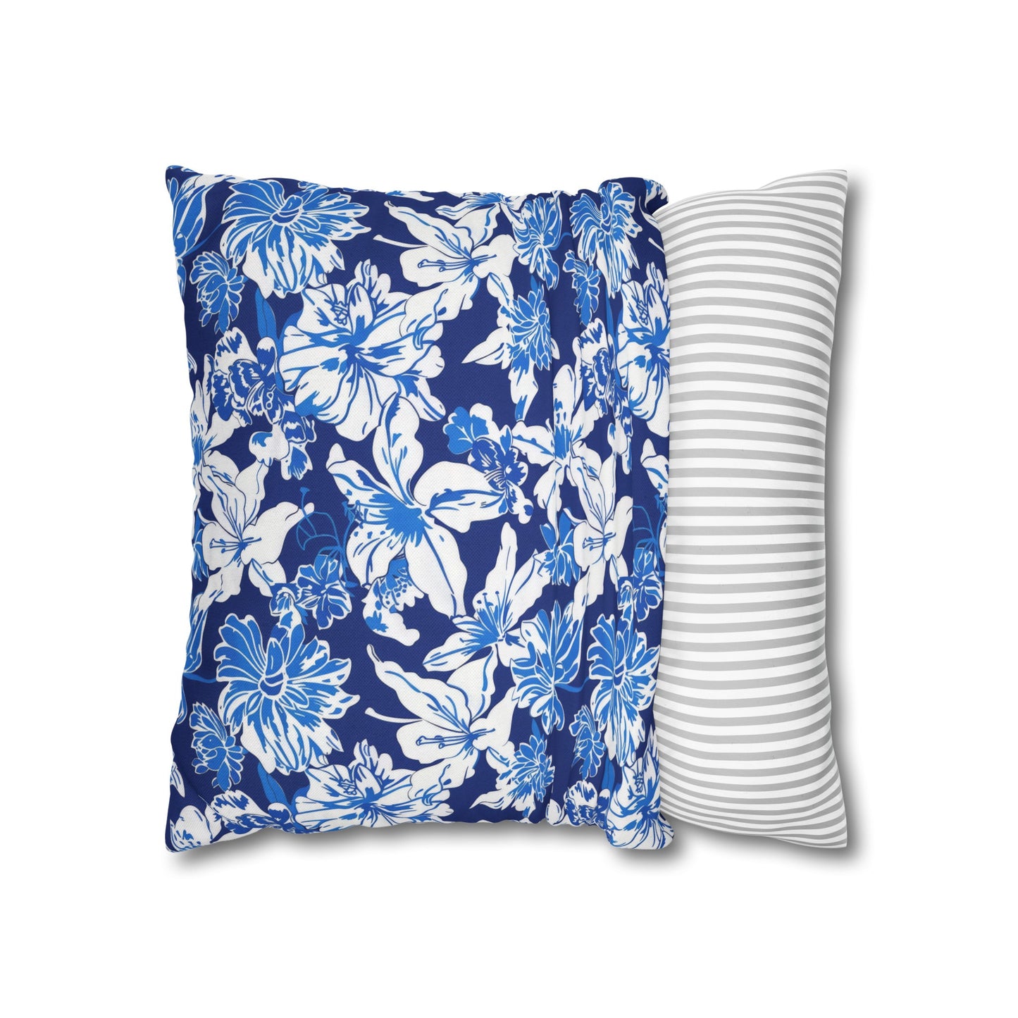 Oceanic Bloom: Watercolor Tropical Flowers in White and Blue against a Deep Blue Background Spun Polyester Square Pillowcase 4 Sizes