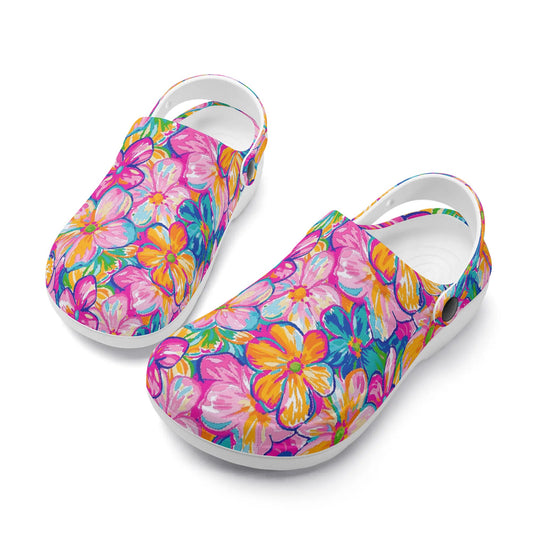 Chromatic Blossoms: Large Watercolor Flowers in Mixed Pinks, Blues, and Oranges Casual Lightweight Slip On Nurse Style Clogs