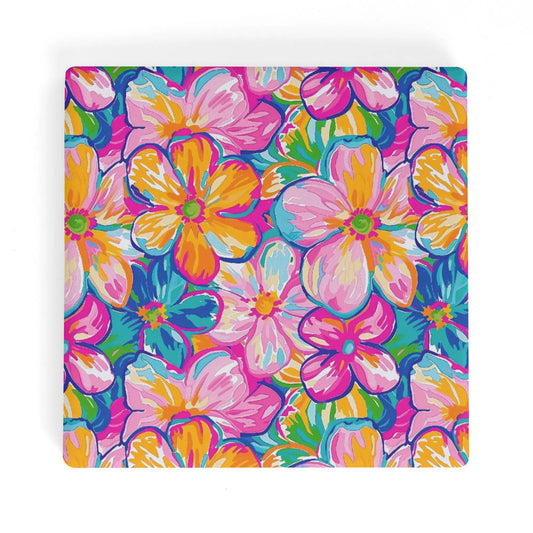 Chromatic Blossoms: Large Watercolor Flowers in Mixed Pinks, Blues, and Oranges Square Ceramic Coasters - Set of 4